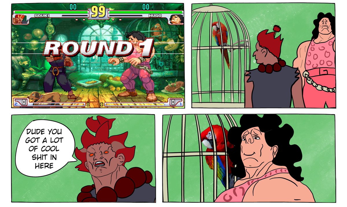 akuma (street fighter), hugo andore, street fighter, street fighter iii (series), bird, cage, comic, game screenshot, parrot