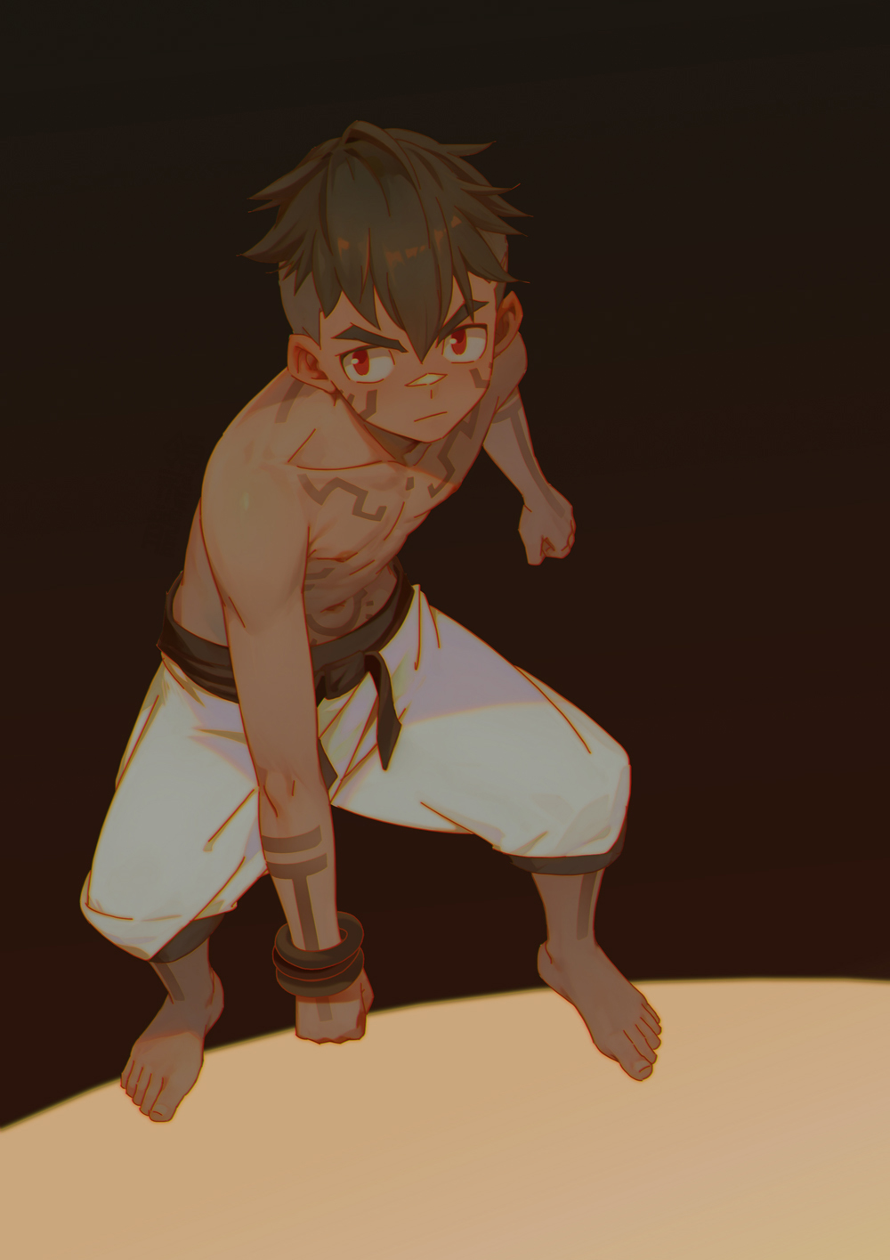 ryou hiryuu, original, 1boy, barefoot, body markings, brown hair, male focus, nipples, red eyes, short hair, shorts, solo, toned, toned male, topless male, undercut, wristband
