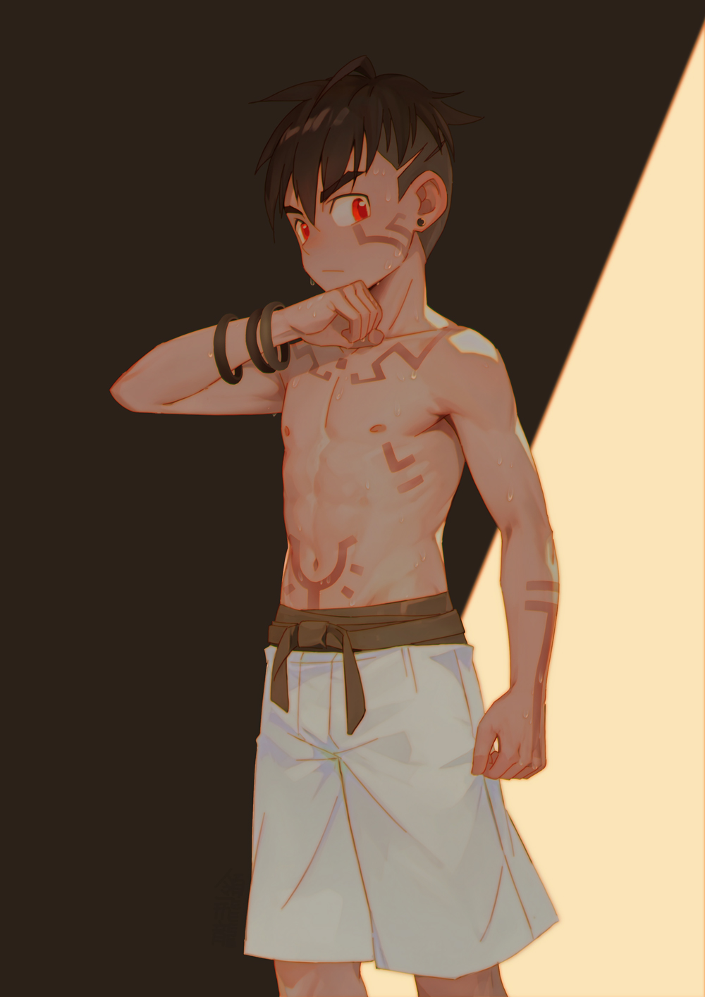 ryou hiryuu, original, 1boy, body markings, brown hair, earrings, jewelry, male focus, nipples, red eyes, short hair, shorts, solo, sweat, toned, toned male, topless male, undercut, wristband