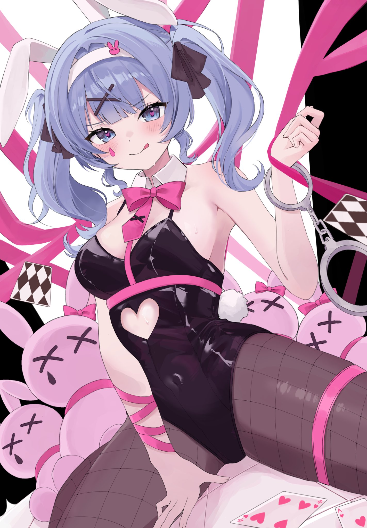 rurudi (51 ruru6151), hatsune miku, rabbit hole (vocaloid), vocaloid, commentary request, highres, 1girl, :q, ace (playing card), ace of hearts, animal ears, bare shoulders, black leotard, blue eyes, blue hair, bow, bowtie, breasts, card, clothing cutout, collar, covered navel, cuffs, cutout above navel, detached collar, fake animal ears, fake tail, fishnet pantyhose, fishnets, four of hearts, hair ornament, handcuffs, heart, heart-shaped pupils, heart cutout, highleg, highleg leotard, leotard, looking at viewer, pantyhose, pink bow, pink bowtie, playboy bunny, playing card, rabbit ears, rabbit tail, sitting, solo, spaghetti strap, stuffed animal, stuffed rabbit, stuffed toy, sweatdrop, symbol-shaped pupils, tail, teardrop facial mark, thighs, tongue, tongue out, twintails, wariza, white collar, x hair ornament