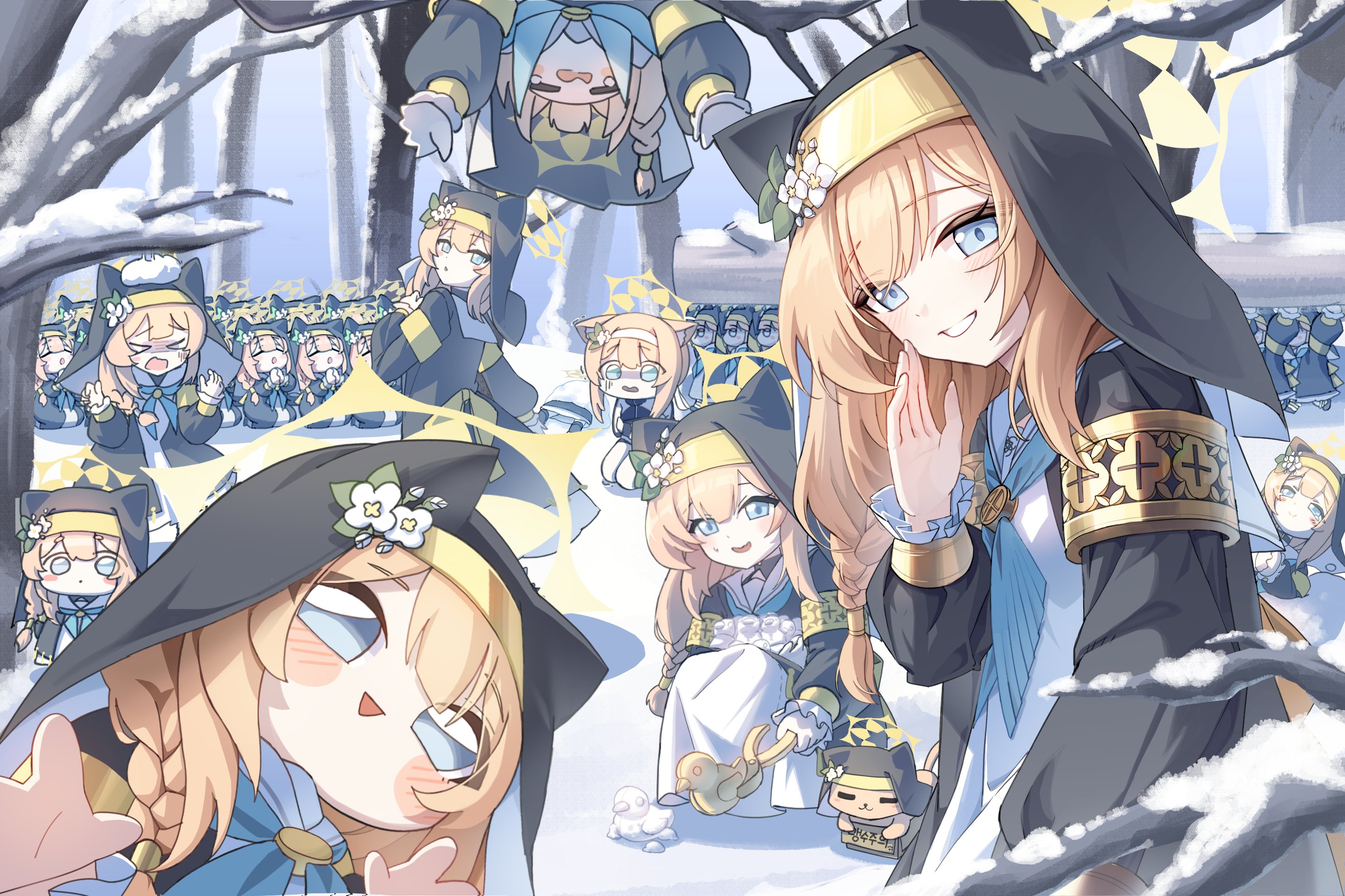 leegh19769, mari (blue archive), blue archive, commentary, highres, korean commentary, > <, 6+girls, animal ears, animalization, black veil, blue eyes, blue neckerchief, box, cat, cat ears, cat girl, chibi, clone, expressionless, forest, grin, halo, jacket, kneeling, log, long hair, long sleeves, looking at viewer, multiple girls, multiple persona, nature, neckerchief, nun, open mouth, orange hair, outdoors, own hands together, person and animalization, praying, smile, snow, snowball scooper, sweatdrop, track jacket, veil, yellow halo