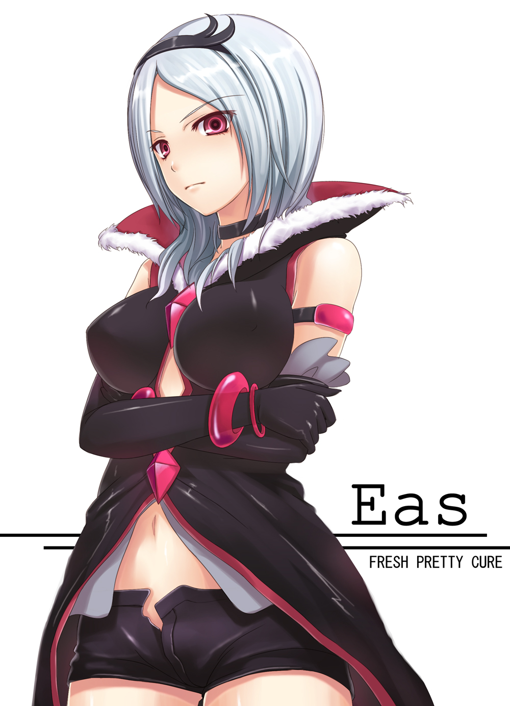 chobipero, eas (fresh precure!), higashi setsuna, fresh precure!, precure, black neckwear, highres, 00s, 1girl, bare shoulders, black shorts, bracelet, breasts, choker, elbow gloves, female focus, gloves, jewelry, long hair, medium breasts, navel, pink eyes, short shorts, shorts, solo, white hair