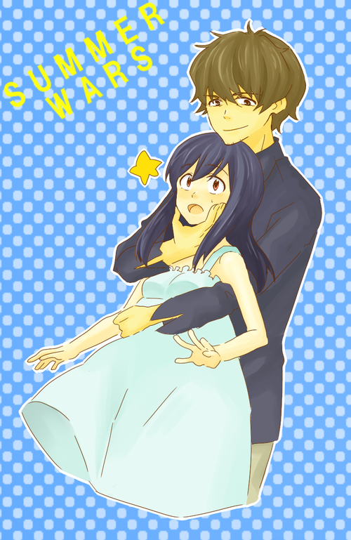 natsui (scs), jinnouchi wabisuke, shinohara natsuki, summer wars, 1boy, 1girl, arm wrap, beard stubble, blue background, blue dress, blue hair, brown eyes, brown hair, copyright name, dress, facial hair, hand on another's chin, long hair, open mouth, polka dot, polka dot background, short hair, smile, star (symbol), stubble, sweat, uncle and niece