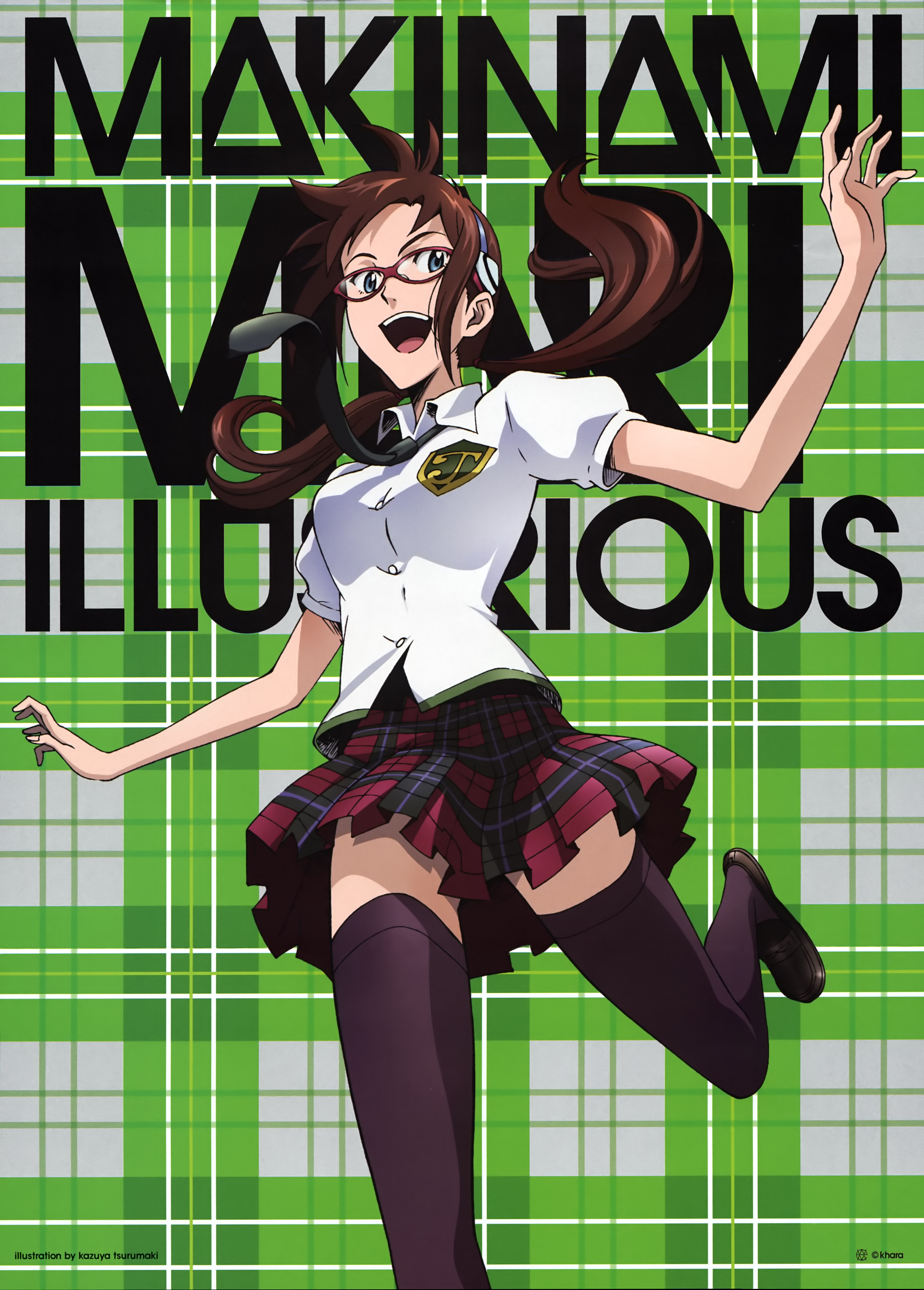 tsurumaki kazuya, makinami mari illustrious, evangelion: 2.0 you can (not) advance, neon genesis evangelion, rebuild of evangelion, absurdres, highres, scan, 00s, 1girl, blue eyes, brown hair, female focus, glasses, hairband, long hair, necktie, plaid clothes, plaid skirt, school uniform, skirt, smile, solo, thighhighs, twintails, zettai ryouiki