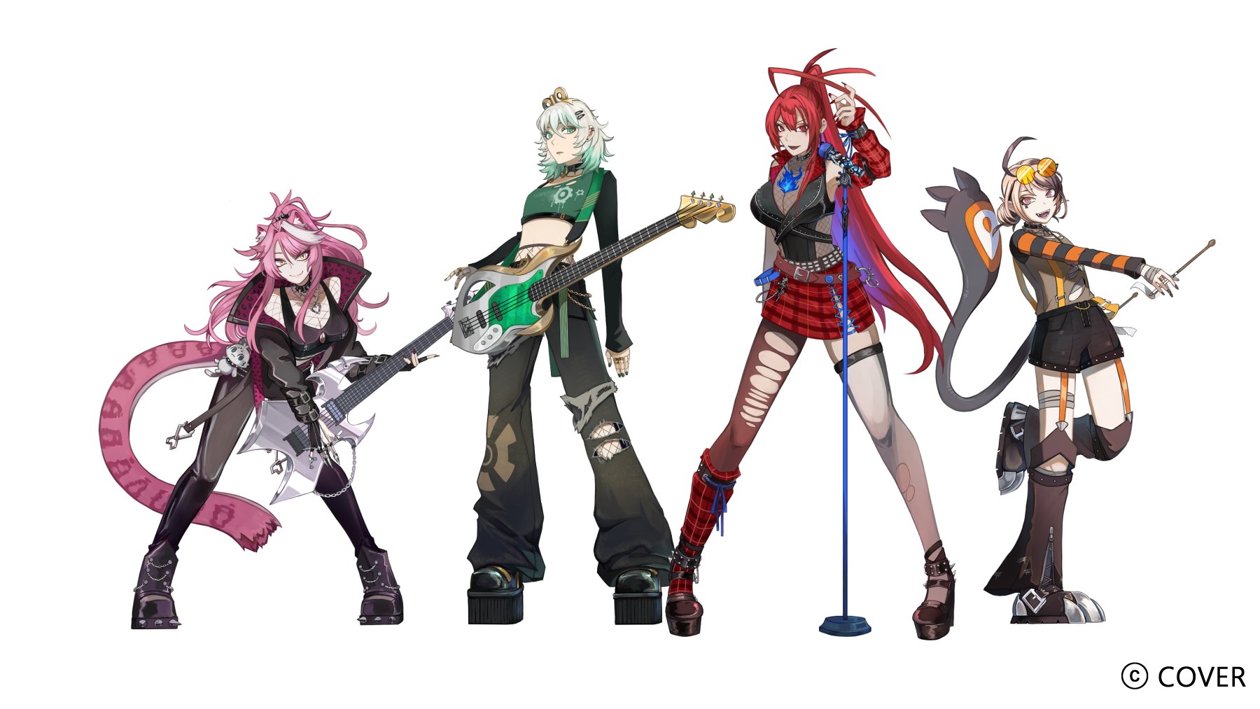 azuzatori, cecilia immergreen, chattino (raora panthera), elizabeth rose bloodflame, gigi murin, raora panthera, holojustice, hololive, hololive english, bilingual commentary, commentary, english commentary, highres, mixed-language commentary, official art, 4girls, ahoge, animal ears, arm warmers, asymmetrical legwear, bass guitar, black boots, black collar, black gloves, black jacket, black pants, black shoes, black shorts, black sleeves, black sports bra, black vest, blonde hair, blue fire, blue hair, boots, breasts, brown hair, collar, colored inner hair, copyright name, cropped shirt, denim, double-parted bangs, drumsticks, electric guitar, fire, fire on chest, fishnet top, fishnets, flat chest, full body, gloves, gradient hair, green eyes, green hair, green shirt, grey hair, guitar, hair between eyes, hair ornament, heart, heart necklace, holding, holding drumsticks, huge ahoge, instrument, jacket, jeans, jewelry, kneehighs, large breasts, leaning forward, legs apart, long hair, looking at viewer, microphone stand, miniskirt, multicolored hair, multiple girls, necklace, panther ears, panther girl, panther tail, pants, pink eyes, pink hair, plaid arm warmers, plaid clothes, plaid skirt, plaid socks, platform boots, platform shoes, ponytail, raglan sleeves, red arm warmers, red hair, red skirt, red socks, see-through cleavage, see-through clothes, shirt, shoes, short hair, short shorts, shorts, sidelocks, simple background, single arm warmer, single kneehigh, single leg pantyhose, single sock, single thighhigh, skirt, socks, spiked collar, spiked hair, spikes, sports bra, standing, standing on one leg, striped sleeves, tail, thighhighs, torn clothes, torn pants, torn thighhighs, two-tone hair, uneven legwear, very long hair, vest, virtual youtuber, white background, white streaks, winding key, yellow eyes