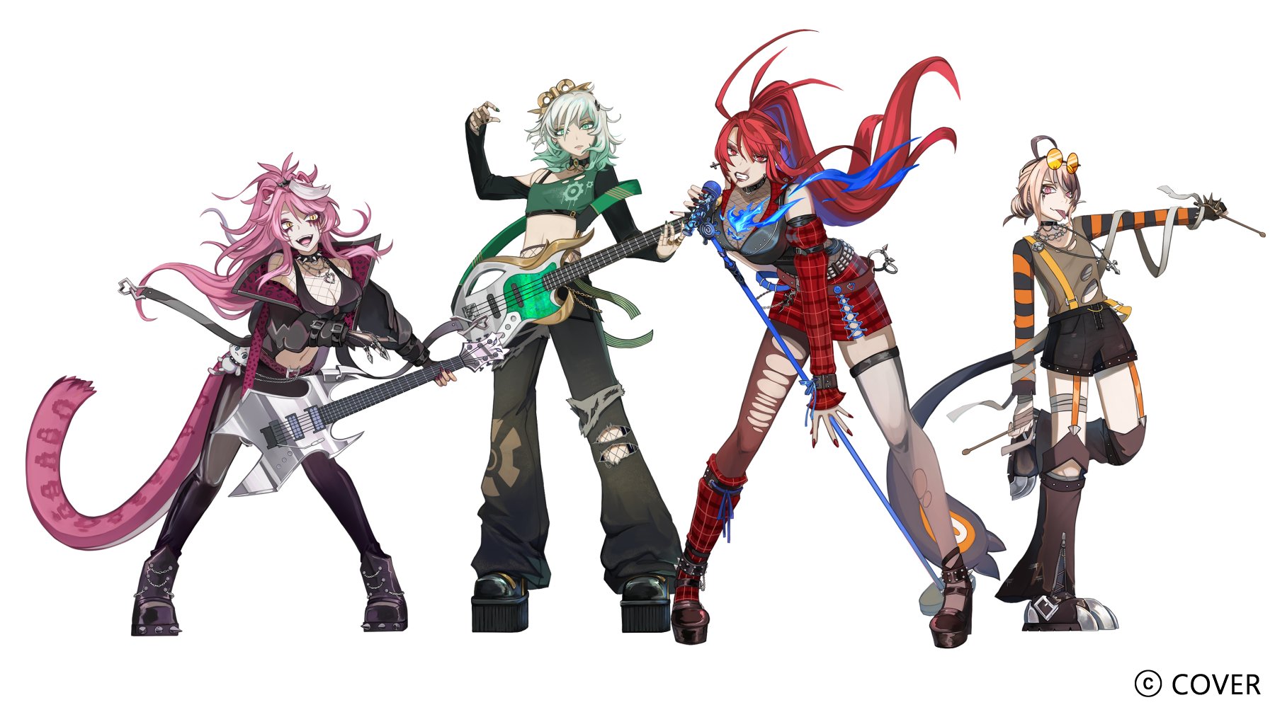 azuzatori, cecilia immergreen, chattino (raora panthera), elizabeth rose bloodflame, gigi murin, raora panthera, holojustice, hololive, hololive english, bilingual commentary, commentary, english commentary, highres, mixed-language commentary, official art, 4girls, :d, :p, ahoge, animal ears, arm warmers, asymmetrical legwear, bass guitar, black boots, black collar, black gloves, black jacket, black pants, black shoes, black shorts, black sleeves, black sports bra, black vest, blonde hair, blue fire, blue hair, boots, breasts, brown hair, clenched teeth, collar, colored inner hair, copyright name, cropped shirt, denim, double-parted bangs, drumsticks, electric guitar, fire, fire on chest, fishnet top, fishnets, flat chest, full body, gloves, gradient hair, green eyes, green hair, green shirt, grey hair, guitar, hair between eyes, hair ornament, heart, heart necklace, holding, holding drumsticks, huge ahoge, instrument, jacket, jeans, jewelry, kneehighs, large breasts, leaning forward, legs apart, long hair, looking at viewer, microphone stand, miniskirt, multicolored hair, multiple girls, necklace, open mouth, panther ears, panther girl, panther tail, pants, parted lips, pink eyes, pink hair, plaid arm warmers, plaid clothes, plaid skirt, plaid socks, platform boots, platform shoes, ponytail, raglan sleeves, red arm warmers, red hair, red skirt, red socks, see-through cleavage, see-through clothes, shirt, shoes, short hair, short shorts, shorts, sidelocks, simple background, single arm warmer, single kneehigh, single leg pantyhose, single sock, single thighhigh, skirt, smile, socks, spiked collar, spiked hair, spikes, sports bra, standing, standing on one leg, striped sleeves, tail, teeth, thighhighs, tongue, tongue out, torn clothes, torn pants, torn thighhighs, two-tone hair, uneven legwear, very long hair, vest, virtual youtuber, white background, white streaks, winding key, yellow eyes