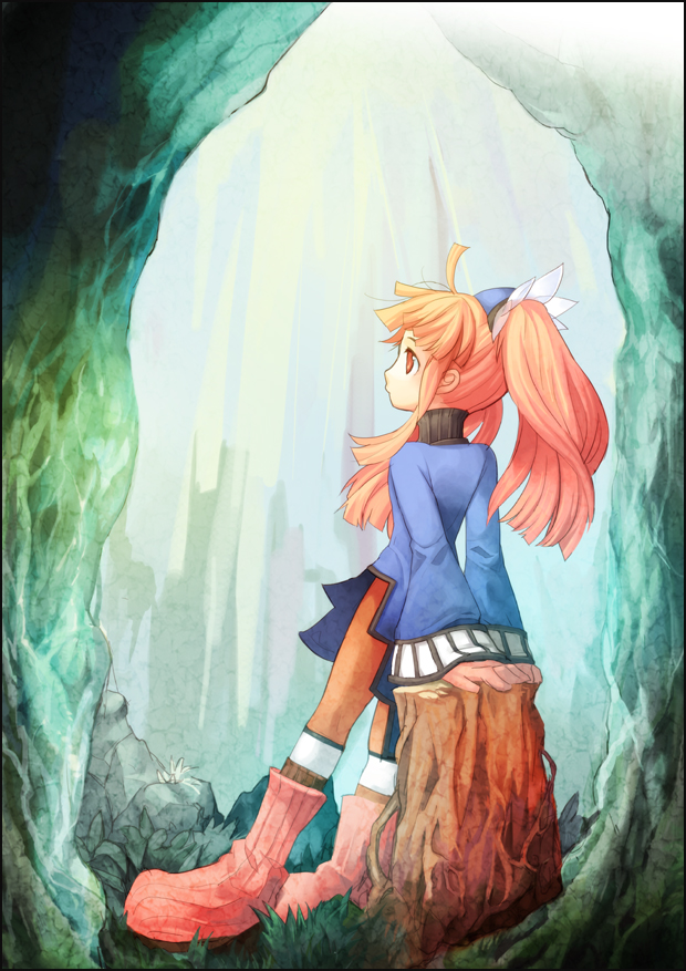 izuku, mint (dewprism), dewprism, 1girl, boots, female focus, knee boots, leaning, orange hair, orange pantyhose, pantyhose, solo