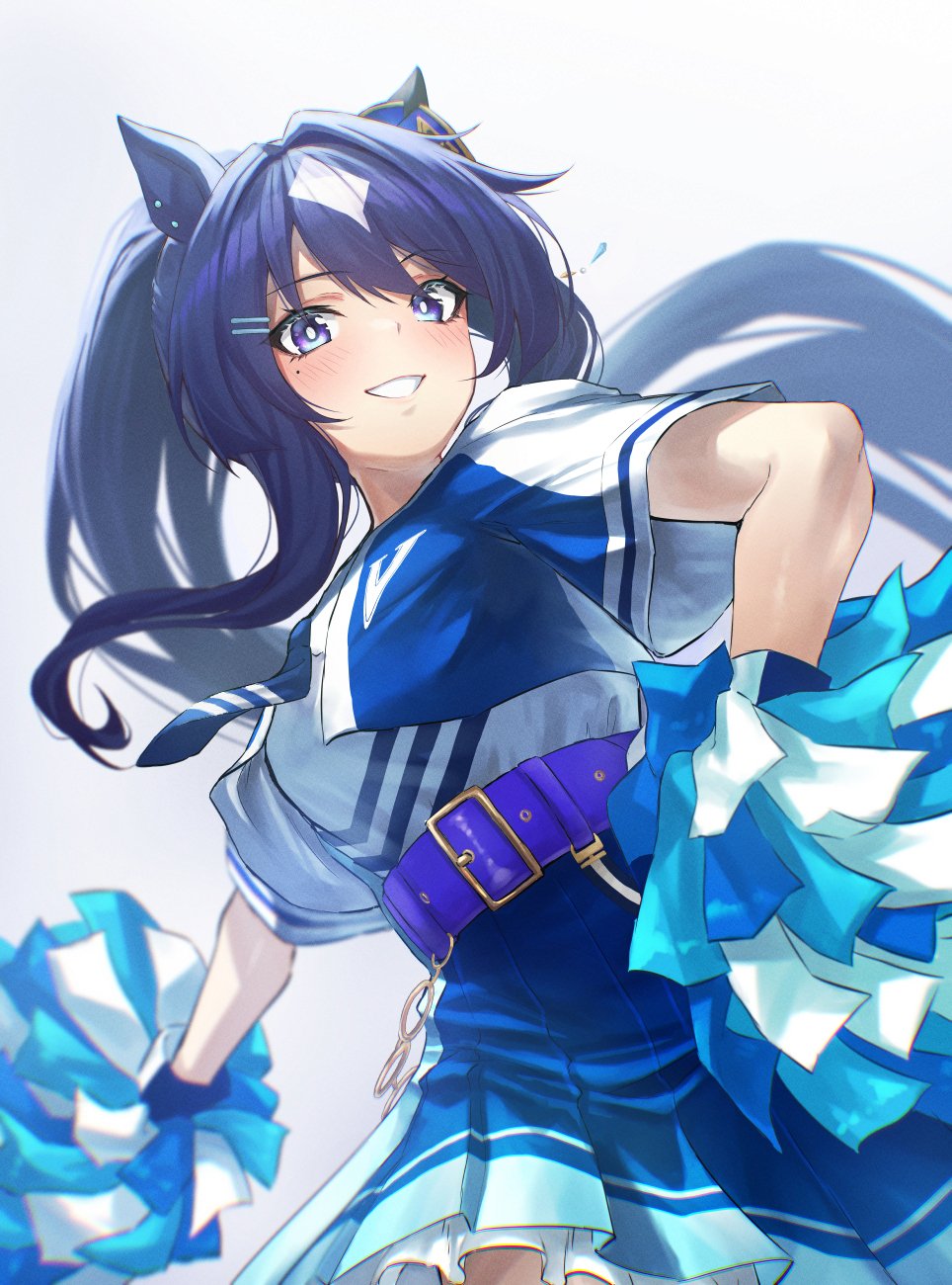beruu, verxina (umamusume), umamusume, highres, 1girl, alternate costume, animal ears, belt, blue belt, blue eyes, blue hair, blue shirt, blue skirt, blush, breasts, hair between eyes, hair ornament, hairclip, holding, holding pom poms, horse ears, horse girl, horse tail, long hair, looking at viewer, mole, mole under eye, multicolored hair, open mouth, pom pom (cheerleading), pom poms, ponytail, purple eyes, shirt, short sleeves, simple background, skirt, smile, solo, tail, white shirt