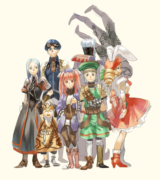 yamakawa, belle (dewprism), doll master, duke (dewprism), fancy mel, mint (dewprism), prima doll (dewprism), rue, rue (dewprism), dewprism, silver hair, annotated, 3girls, 4boys, animal ears, belle dewprism, blonde hair, blue hair, boots, child, dress, drill hair, everyone, goggles, hat, high heels, knee boots, long hair, multiple boys, multiple girls, pantyhose, pink hair, rabbit ears, shoes, simple background, twintails