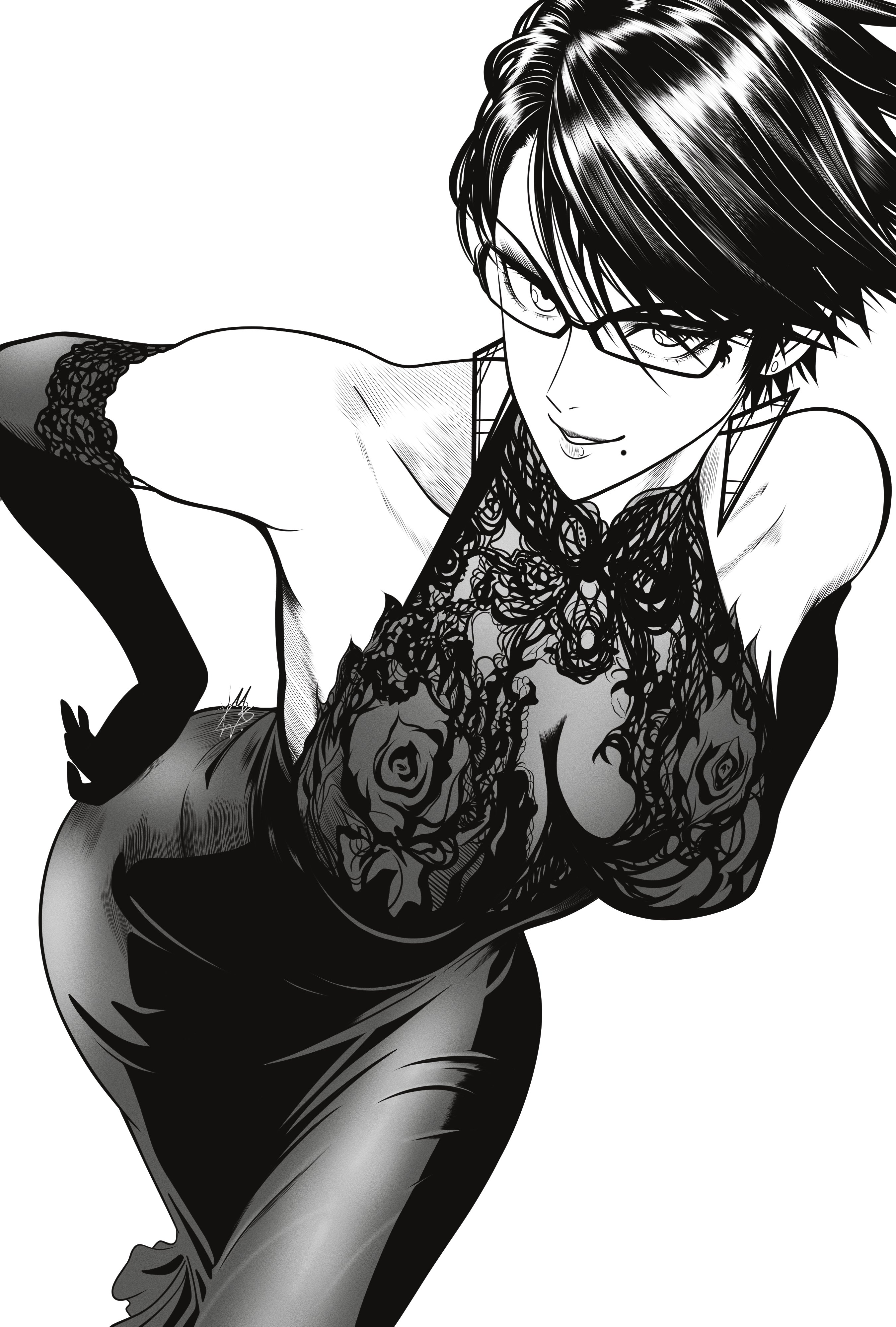 mostlybluewyatt, bayonetta, bayonetta (series), bayonetta 2, absurdres, commentary, english commentary, highres, 1girl, bare shoulders, breasts, dress, earrings, elbow gloves, glasses, gloves, greyscale, jewelry, large breasts, looking at viewer, mole, mole under mouth, monochrome, parted lips, rectangular eyewear, short hair, smile, solo