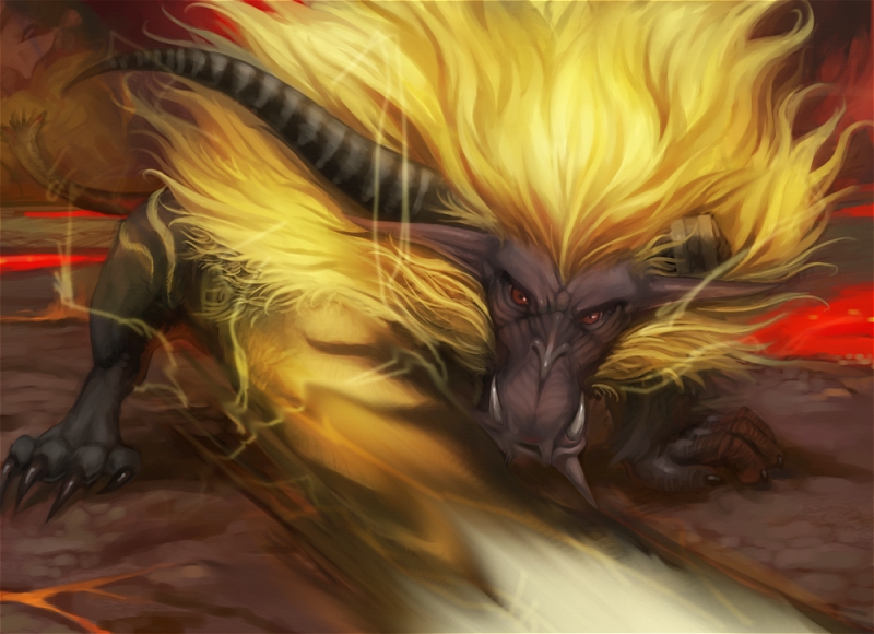 itou youichi, rajang, capcom, monster hunter (series), blonde hair, claws, fangs, full body, horns, monster, no humans, standing, teeth