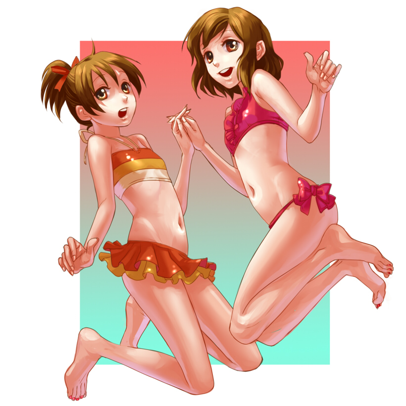 chie (artist), hirasawa ui, hirasawa yui, k-on!, 00s, 2girls, barefoot, bikini, bow, brown eyes, brown hair, feet, fingernails, flat chest, jumping, multiple girls, nail (hardware), nail polish, navel, pink nails, short hair, siblings, sisters, swimsuit, toenail polish, toenails