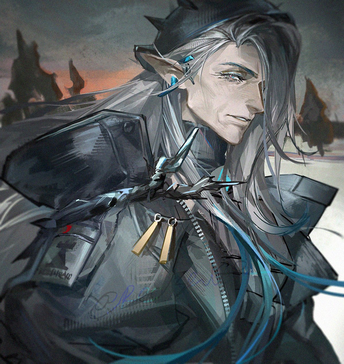 redsakaone, mantra (arknights), arknights, highres, 1girl, black coat, blue eyes, blue hair, cloud, cloudy sky, coat, forest, from side, gradient hair, grey hair, grey shirt, hair over one eye, load bearing vest, long hair, looking at viewer, mature female, multicolored hair, nature, old, old woman, one eye covered, open clothes, open coat, pointy ears, rhodes island logo (arknights), rhodes island uniform, shirt, sky, snow, solo, tactical clothes, turtleneck, turtleneck shirt, upper body, very long hair