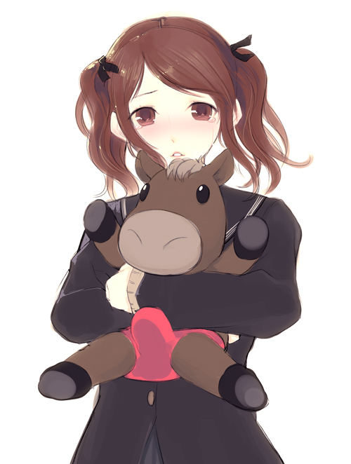 kimura daisuke, nakata sae, amagami, bad id, bad pixiv id, 1girl, brown eyes, brown hair, bulge, erection, erection under clothes, horse, looking at viewer, penis, simple background, solo, stuffed animal, stuffed horse, stuffed toy, tears, twintails, white background