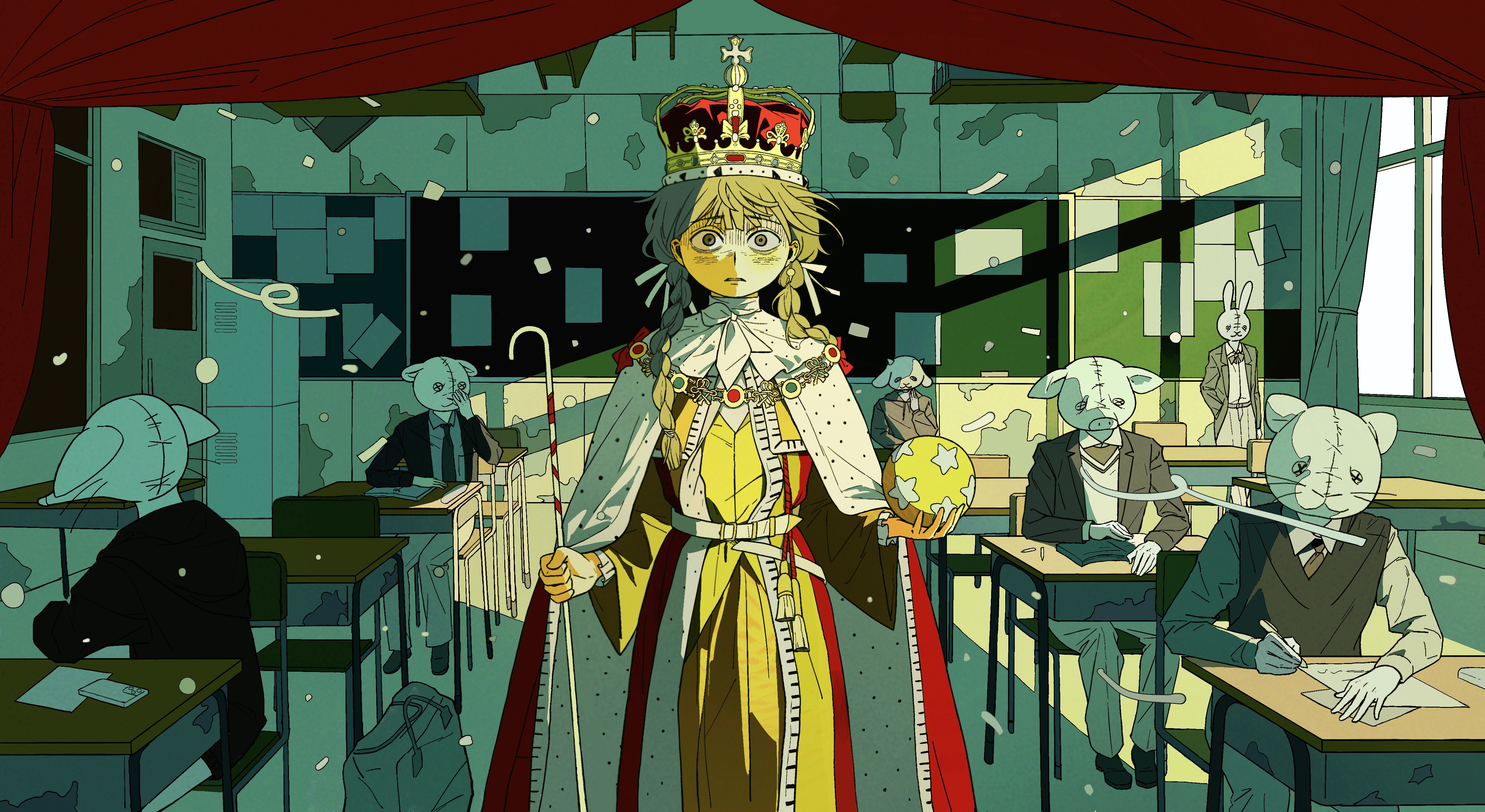 chaojufei, original, absurdres, commentary, highres, 1girl, ball, braid, chair, classroom, confetti, crown, desk, holding, holding ball, school chair, school desk, sitting, twin braids