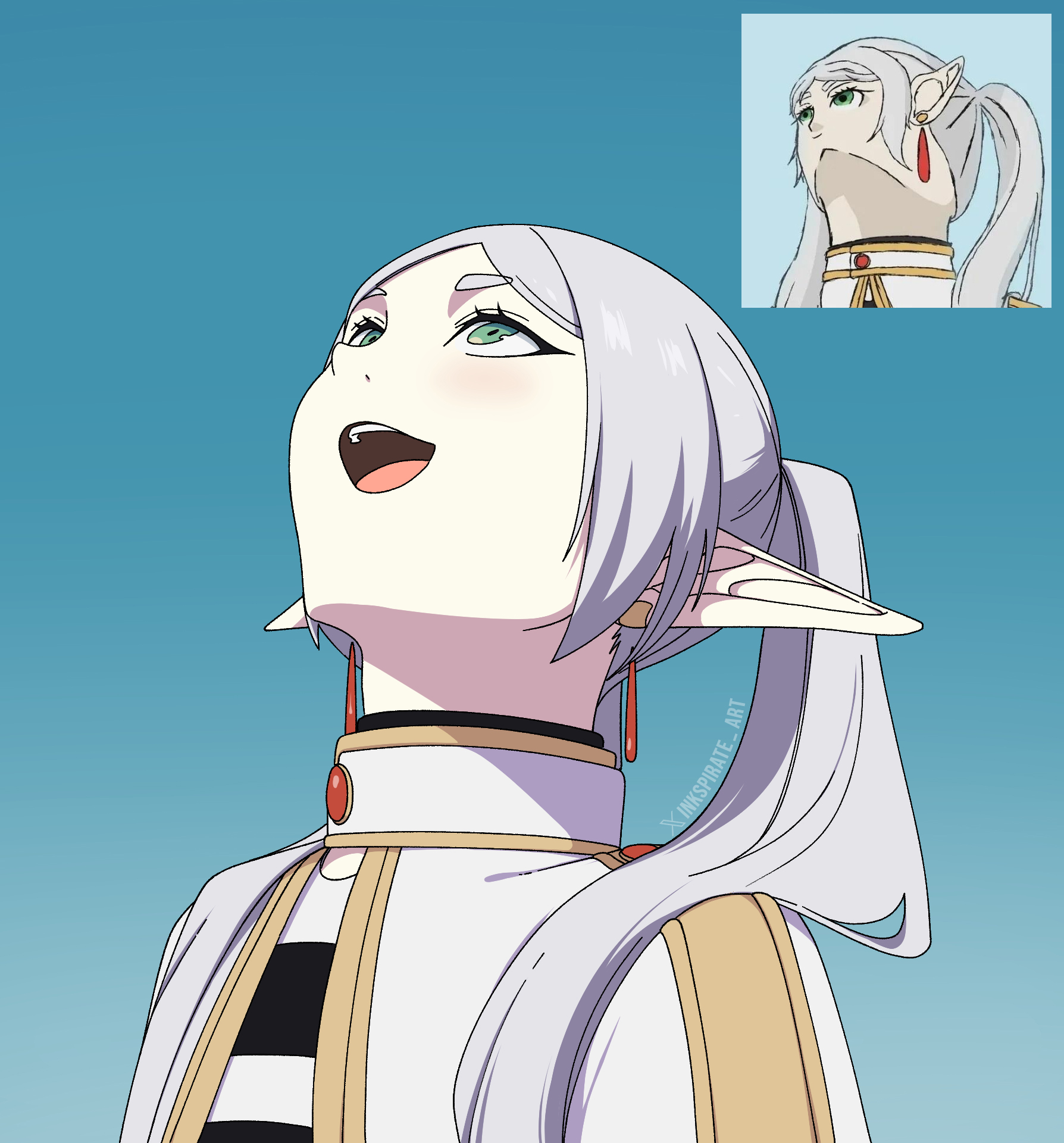 inkspirate, frieren, sousou no frieren, commentary, english commentary, highres, making-of available, 1girl, :d, artist name, blue sky, capelet, earrings, elf, gold trim, green eyes, grey hair, head back, jewelry, long pointy ears, looking up, meme, open mouth, parted bangs, pointy ears, reference inset, shirt, simple background, sky, smile, solo, striped clothes, striped shirt, teardrop earrings, thick eyebrows, twitter username, twitter x logo, upper body, upward angle frieren drawing (meme), white capelet