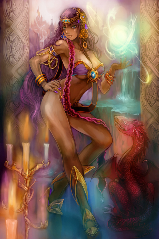 moreshan, pixiv fantasia, pixiv fantasia 3, drake, 1girl, bracelet, breasts, candle, curvy, dark-skinned female, dark skin, dragon, female focus, fingernails, green eyes, gypsy, headband, headdress, high heels, indoors, jewelry, large breasts, long hair, looking at viewer, magic, nail polish, purple hair, purple nails, revealing clothes, shoes, solo, underboob, very long hair
