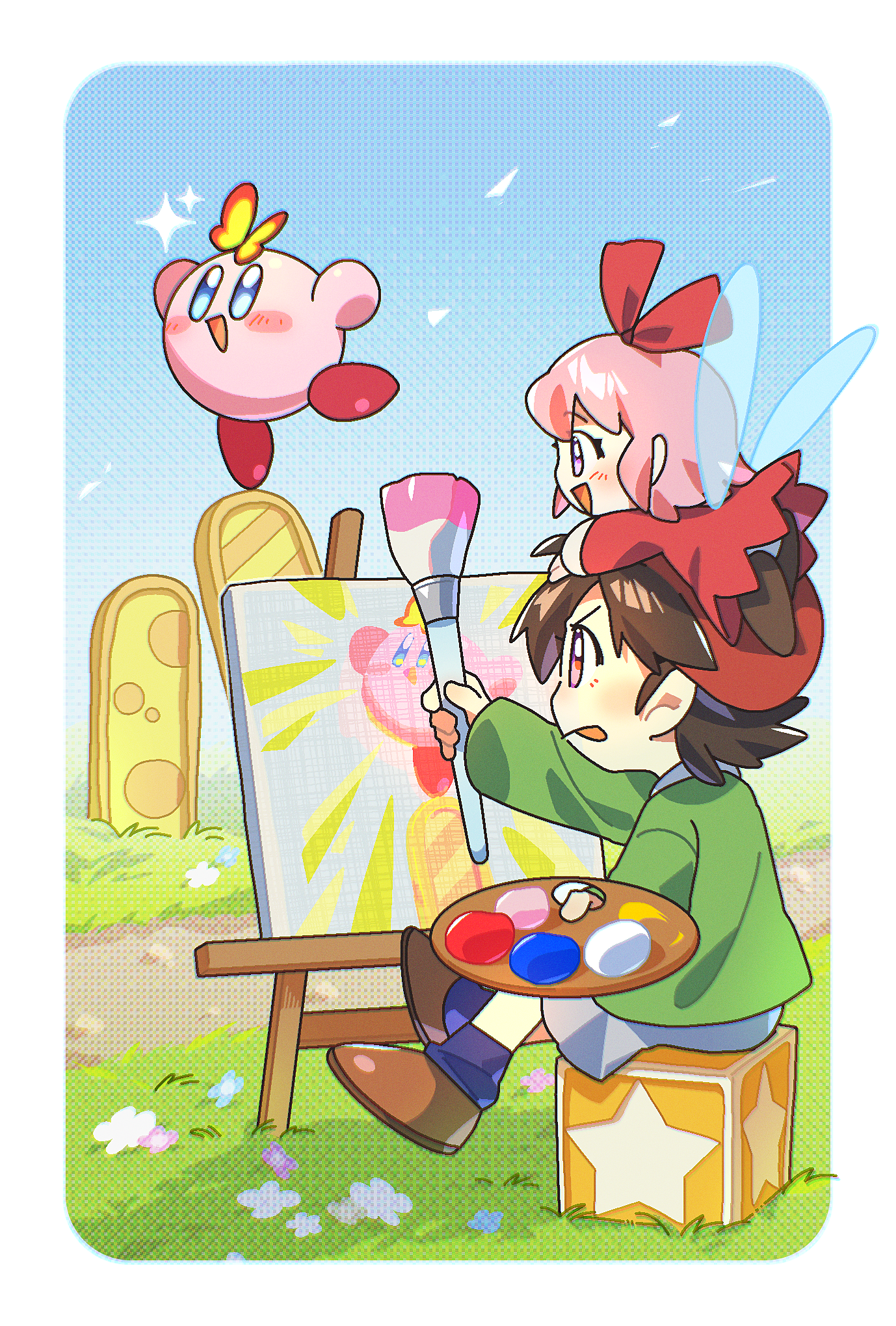 0tamt0, adeleine, kirby, morpho knight (butterfly), ribbon (kirby), kirby (series), nintendo, highres, 2girls, blue sky, blush stickers, bourbon (kirby), bug, butterfly, butterfly wings, colored skin, fairy, fairy wings, hair ribbon, hat, holding, holding paint palette, holding paintbrush, insect, insect wings, multiple girls, outdoors, paint palette, paintbrush, painting (action), painting (object), pink hair, pink skin, red hat, red ribbon, ribbon, sky, star block, wings