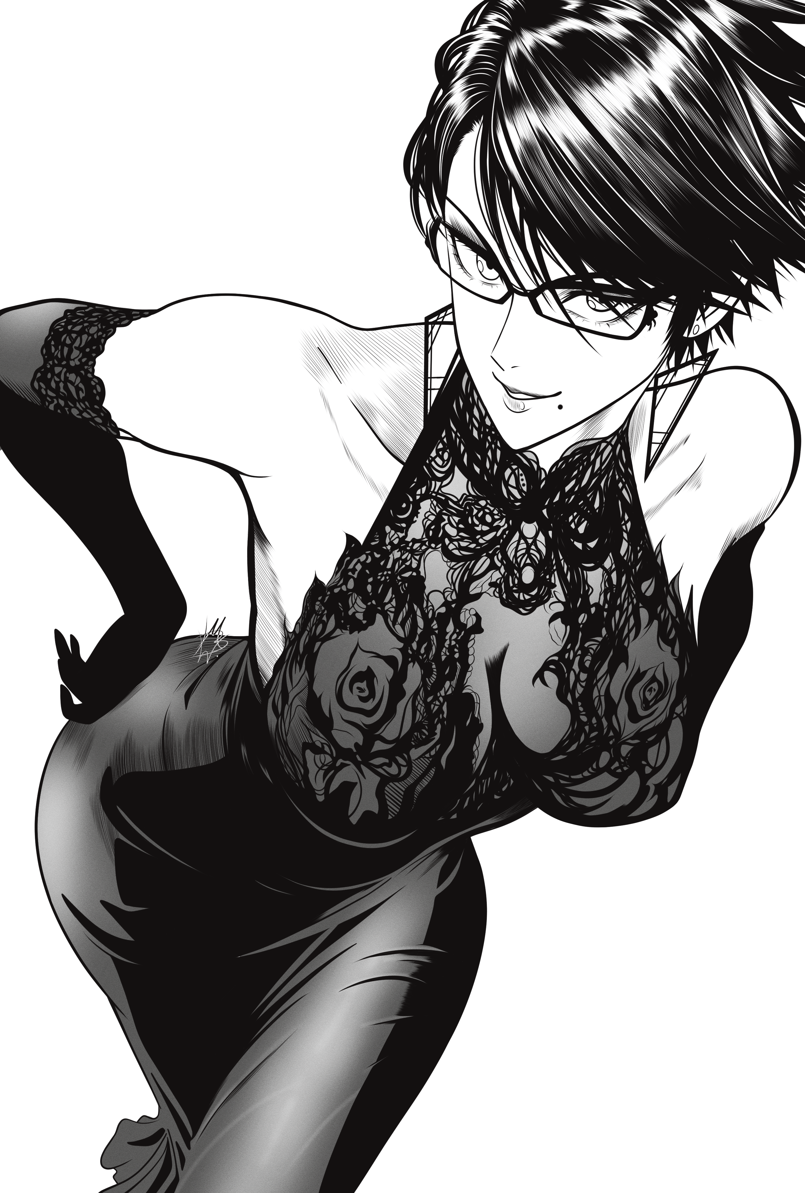 mostlybluewyatt, bayonetta, bayonetta (series), bayonetta 2, absurdres, commentary, english commentary, highres, 1girl, bare shoulders, breasts, dress, earrings, elbow gloves, glasses, gloves, greyscale, jewelry, large breasts, looking at viewer, mole, mole under mouth, monochrome, parted lips, rectangular eyewear, short hair, smile, solo