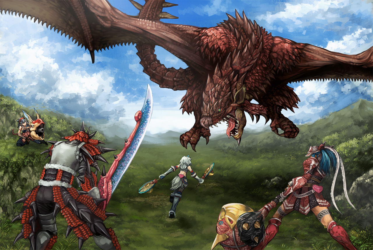 shiba, shiba (pixiv458329), shibairo, rathalos, yian kut-ku, capcom, monster hunter (series), 1boy, 3girls, battle, daimyou hermitaur, dragon, hammer, hermitaur (armor), kirin (armor), monster, multiple girls, nargacuga (armor), rathalos (armor), sword, weapon, wyvern