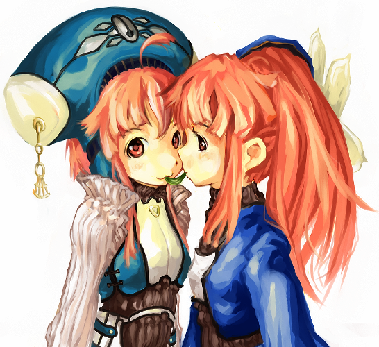 myu, maya (dewprism), mint (dewprism), dewprism, 2girls, ahoge, blush, hat, leaf, long hair, mouth hold, multiple girls, orange hair, pink eyes, short hair, siblings, sisters, smile, twintails