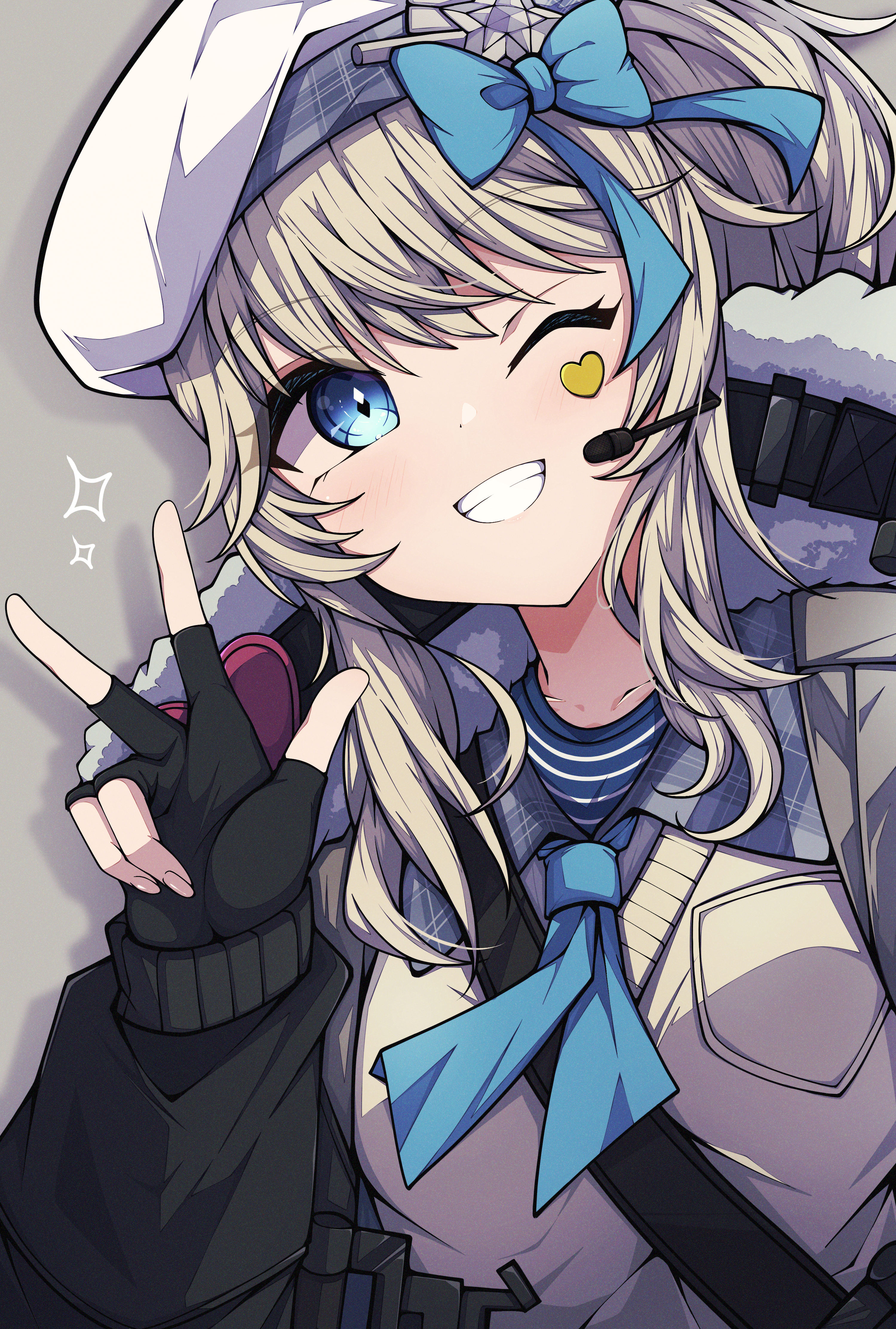 kakuzatou (cubesugar03196), vepley (girls' frontline 2), girls' frontline, girls' frontline 2: exilium, absurdres, highres, 1girl, black gloves, blonde hair, blue eyes, blue necktie, blue ribbon, blue shirt, cardigan, fingerless gloves, gloves, hat, looking at viewer, necktie, one eye closed, ribbon, shirt, solo, v, white hat, yellow cardigan
