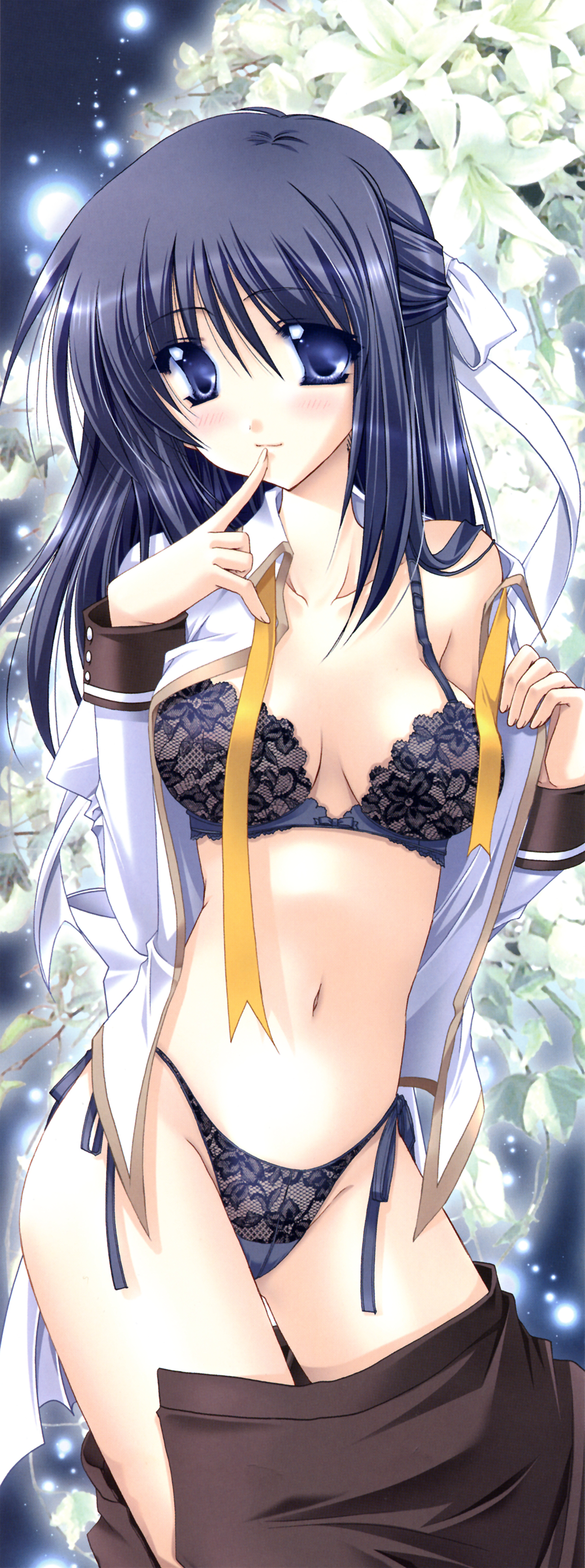 ryuuga shou, wakamiya hazuki, tsukushite ageru no, tsukushite ageru no!, absurdres, highres, long image, tall image, 1girl, blue eyes, blue hair, blush, bra, breasts, cleavage, clothes pull, collarbone, female focus, finger to mouth, flower, hair ribbon, half updo, lace, lace bra, lace panties, lingerie, matching hair/eyes, medium breasts, navel, open clothes, open shirt, open skirt, panties, ribbon, school uniform, shirt, side-tie panties, skirt, skirt pull, solo, underwear, undressing, white ribbon