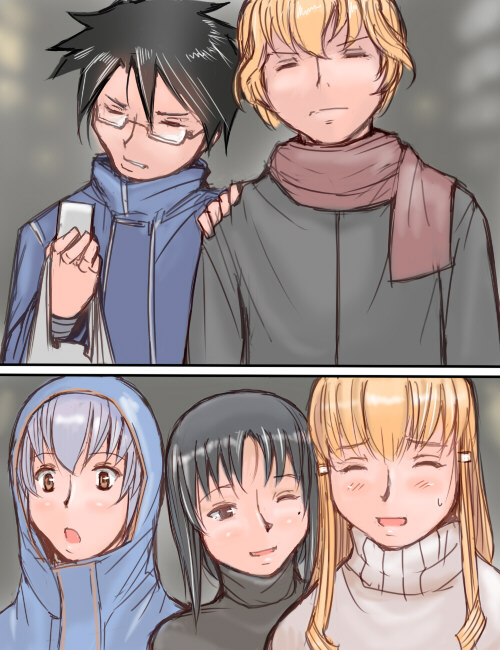 enju (rozen maiden), tsuda nanafushi, barasuishou, kashiwaba tomoe, sakurada jun, shinku, rozen maiden, silver hair, 00s, 2girls, 3boys, aged up, black hair, blonde hair, casual, cold, glasses, mole, mole under eye, multiple boys, multiple girls, one eye closed, scarf, short hair, wink