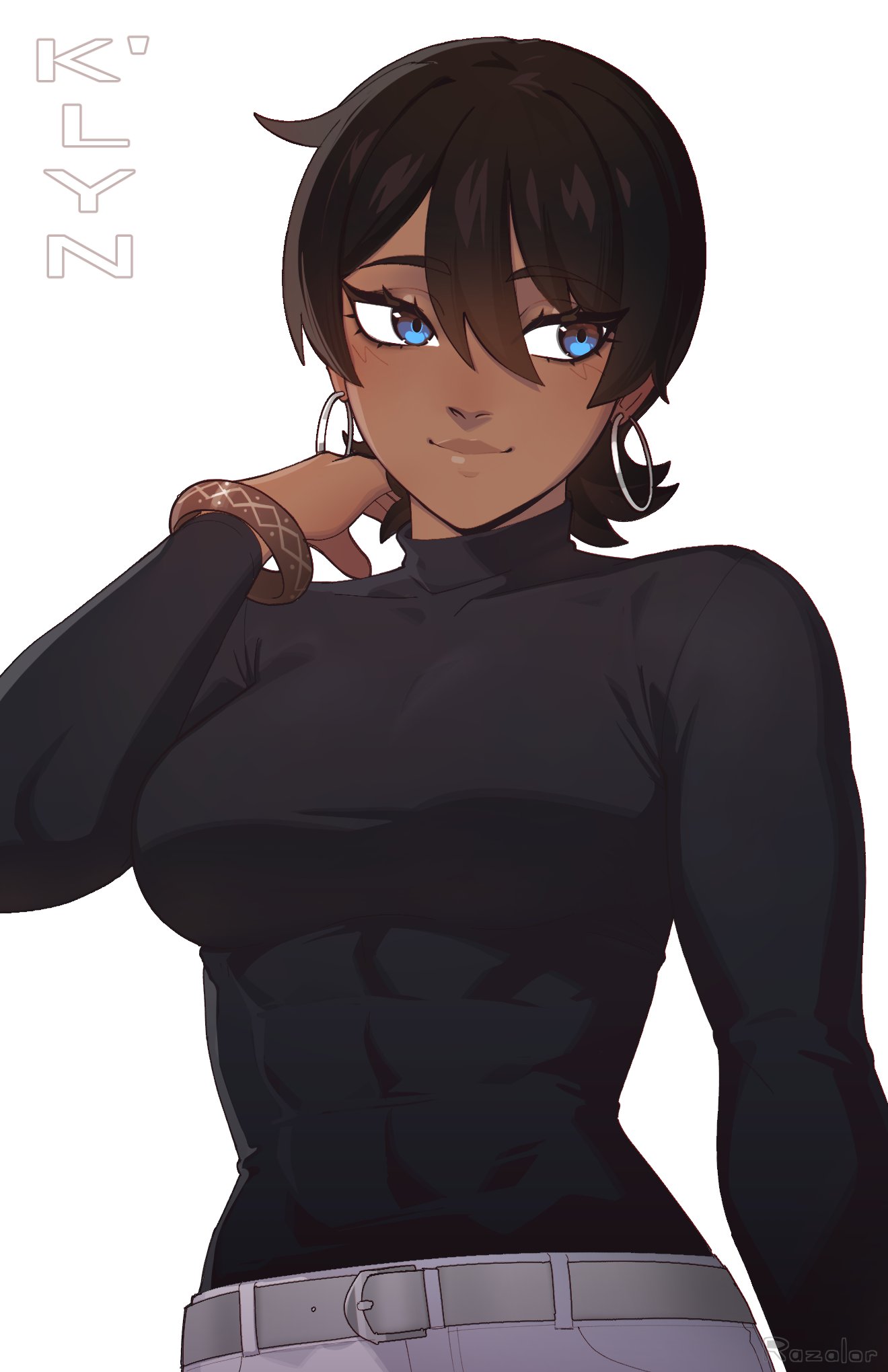razalor, k'lyn, original, commentary, highres, symbol-only commentary, 1girl, belt, black hair, black sweater, blue eyes, bracelet, breasts, character name, closed mouth, covered abs, dark-skinned female, dark skin, earrings, grey belt, hand up, hoop earrings, jewelry, pants, short hair, simple background, smile, solo, sweater, white background, white pants