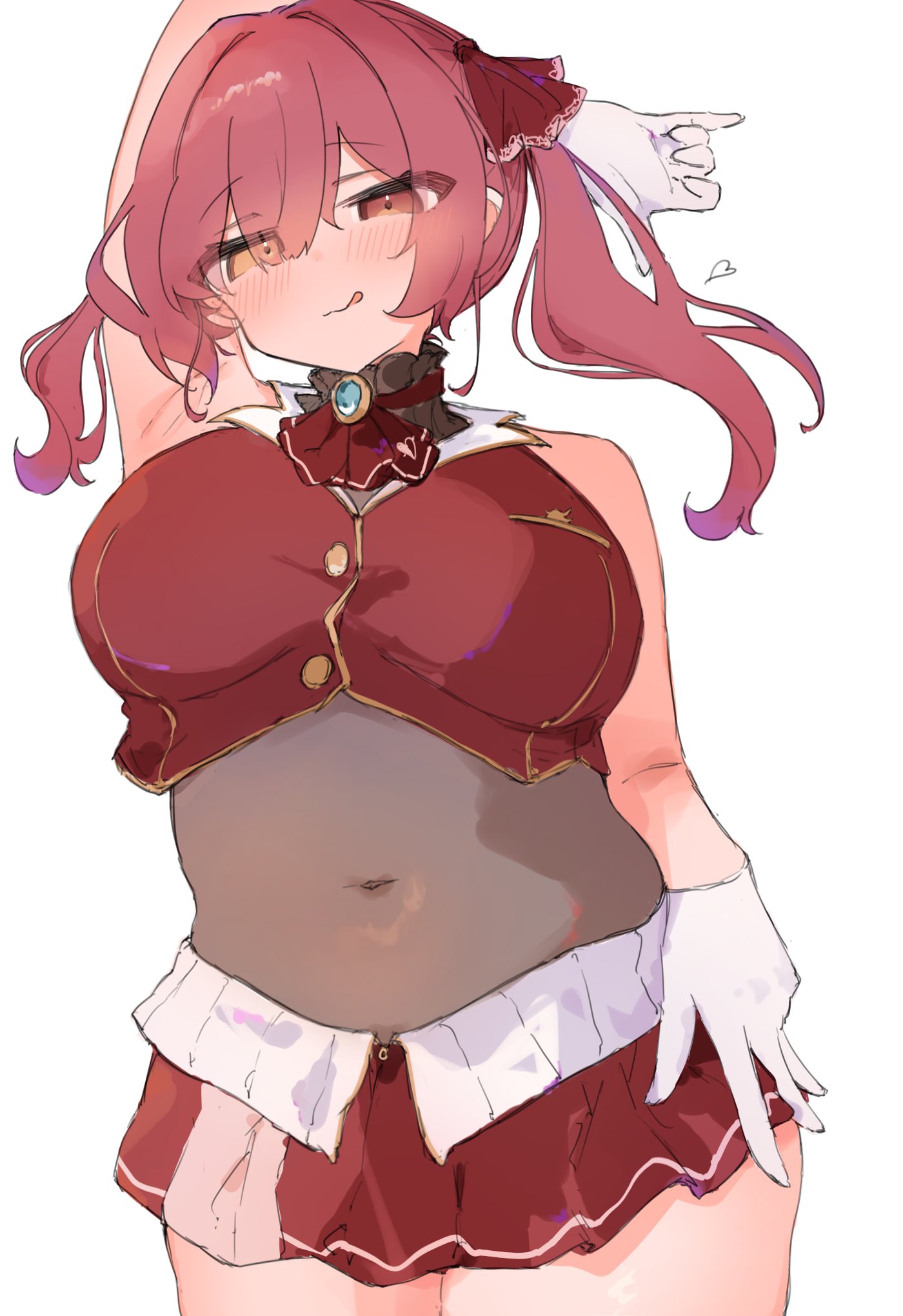 mikura no e, houshou marine, hololive, 1girl, arm above head, armpits, ascot, blush, breasts, covered navel, crop top, eyes visible through hair, gloves, hair between eyes, hair ribbon, hand on own hip, heterochromia, leotard, licking lips, long hair, medium breasts, plump, red eyes, red hair, red ribbon, red shirt, red skirt, ribbon, see-through clothes, see-through leotard, shirt, skirt, sleeveless, sleeveless shirt, solo, standing, tongue, tongue out, twintails, virtual youtuber, white background, white gloves, yellow eyes