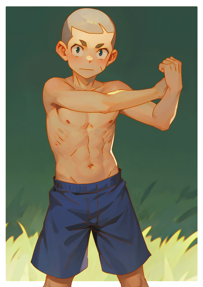 ryou hiryuu, original, 1boy, blue eyes, blue shorts, border, buzz cut, grass, male focus, nipples, shaved head, shorts, solo, toned, toned male, topless male, very short hair