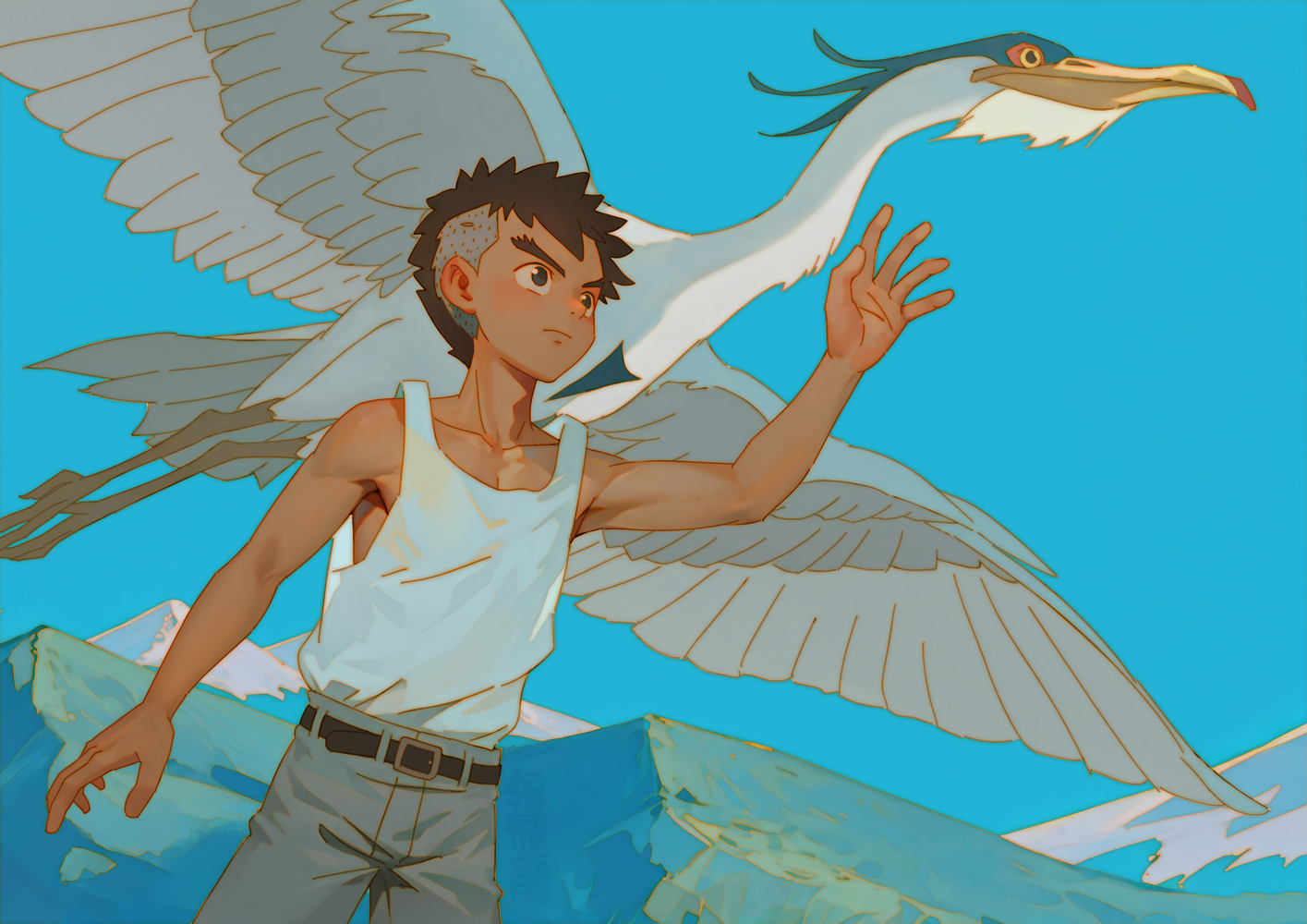 ryou hiryuu, aosagi (kimitachi wa dou ikiru ka), maki mahito, kimitachi wa dou ikiru ka, 1boy, belt, bird, blue sky, brown hair, buzz cut, heron, male focus, mountain, pants, reaching, shaved head, short hair, sky, solo, tank top, thick eyebrows, toned, toned male, undercut, very short hair, white tank top