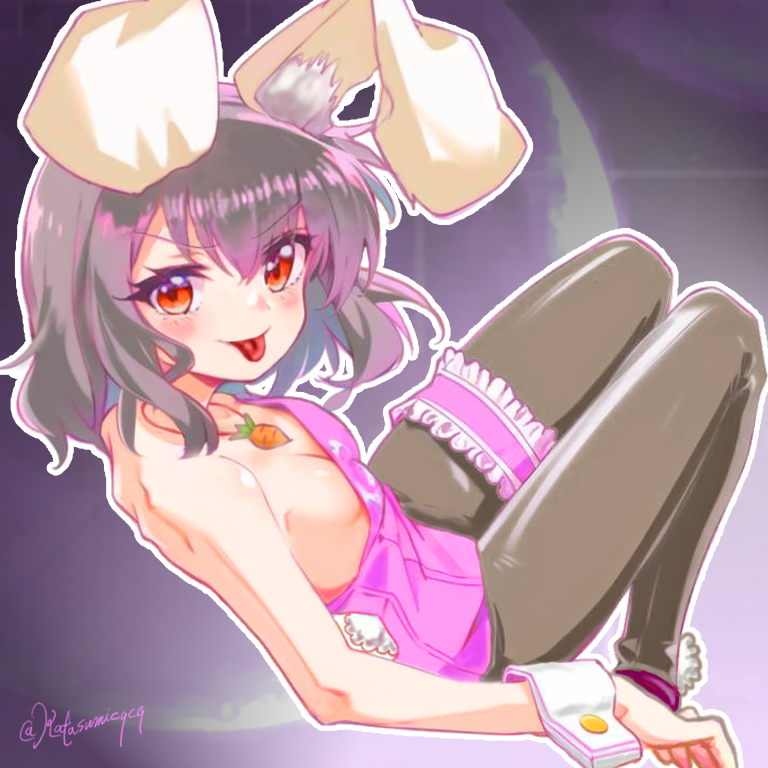 voyager (user yrzv4324), inaba tewi, touhou, commentary request, 1girl, alternate costume, animal ears, black hair, blush, breasts, carrot necklace, closed mouth, full body, grey pantyhose, jewelry, leotard, looking at viewer, medium hair, necklace, pantyhose, pink leotard, playboy bunny, rabbit ears, rabbit girl, rabbit tail, red eyes, small breasts, smile, solo, strapless, strapless leotard, tail, tongue, tongue out, wrist cuffs