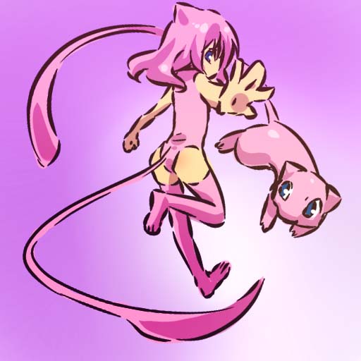 hitec, mew (pokemon), moemon, nintendo, pokemon, pokemon rgby, 1990s (style), 1girl, blue eyes, costume, creature and personification, female focus, gen 1 pokemon, legendary pokemon, leotard, looking back, mythical pokemon, personification, pink hair, pink theme, pokemon (creature), retro artstyle, solo, tail, thighhighs
