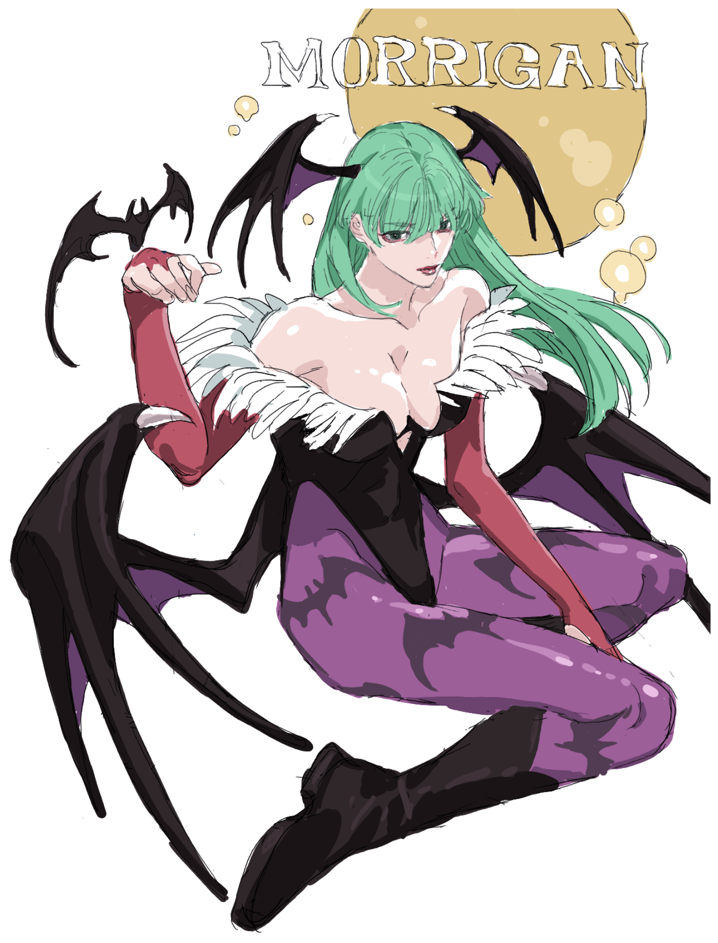 nobita (makoto7060355), morrigan aensland, darkstalkers, highres, 1girl, animal print, bare shoulders, bat (animal), bat print, black boots, black leotard, boots, breasts, bridal gauntlets, character name, cleavage, collarbone, demon wings, full body, full moon, green eyes, head wings, leotard, long hair, moon, pantyhose, print pantyhose, purple pantyhose, solo, strapless, strapless leotard, white background, wings