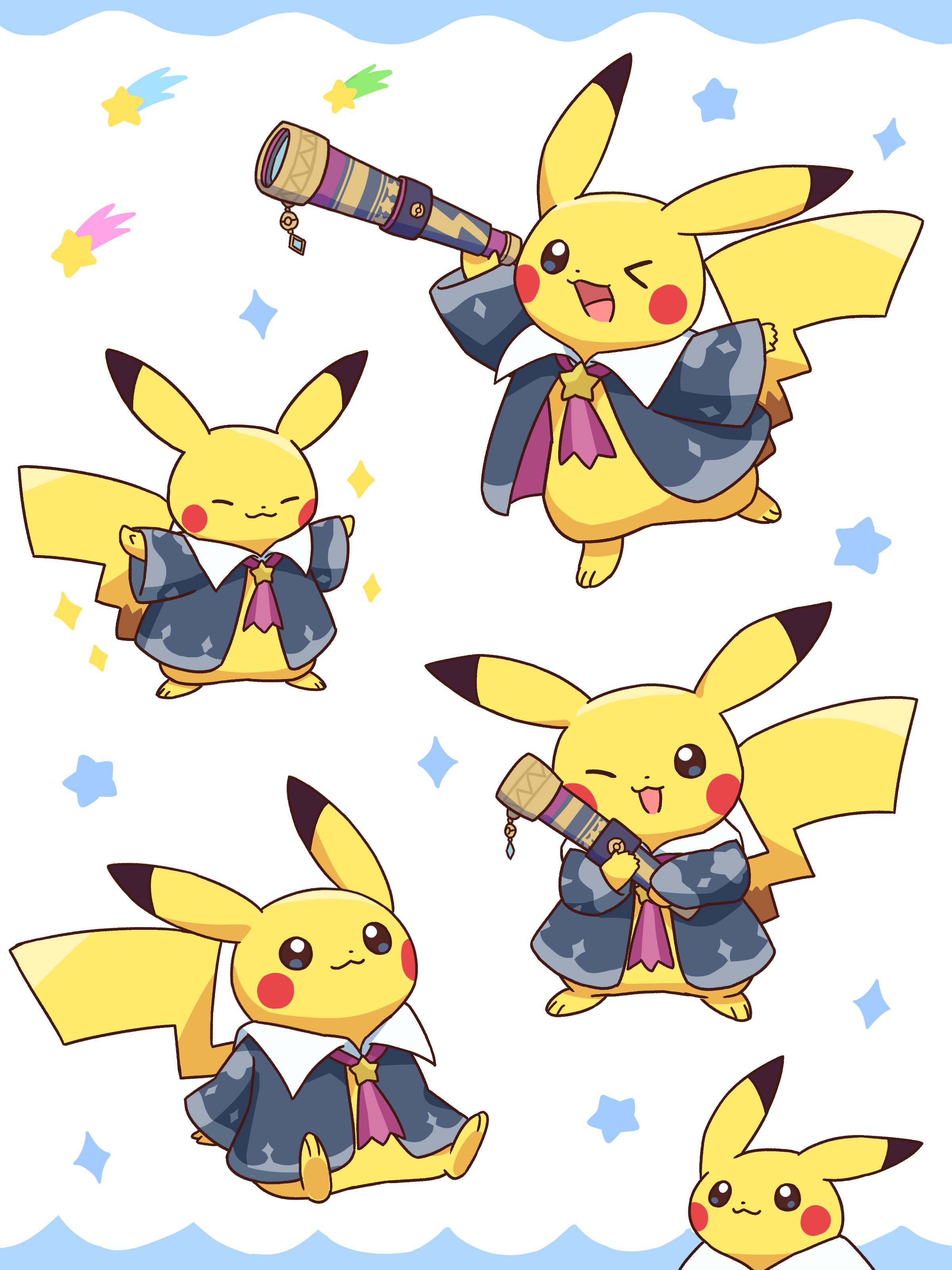 neko gyoza, pikachu, nintendo, pokemon, absurdres, commentary request, highres, blue background, blue eyes, closed mouth, clothed pokemon, gen 1 pokemon, holding, holding telescope, no humans, one eye closed, open mouth, pokemon (creature), sitting, smile, star (symbol), telescope, white background