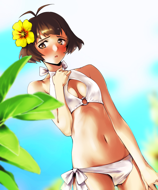 yurikawa, akizuki ryo, idolmaster, idolmaster dearly stars, 00s, 1boy, androgynous, averting eyes, bare shoulders, bikini, blush, breasts, brown eyes, brown hair, bulge, crossdressing, crossdressing (mtf), day, flower, hair flower, hair ornament, male focus, medium breasts, navel, o-ring, o-ring top, panties, penis, penis in panties, plant, puffy male chest, short hair, shota, side-tie bikini bottom, solo, swimsuit, trap, underwear, white bikini