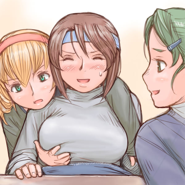 tsuda nanafushi, hinaichigo, kanaria, souseiseki, rozen maiden, 00s, 3girls, aged up, alternate breast size (larger), blonde hair, blush, breast envy, breasts, brown hair, closed eyes, grabbing another's breast, green eyes, green hair, groping, hair ornament, hairband, hairclip, headband, large breasts, multiple girls, short hair, sweatband, sweatdrop, sweater, yuri