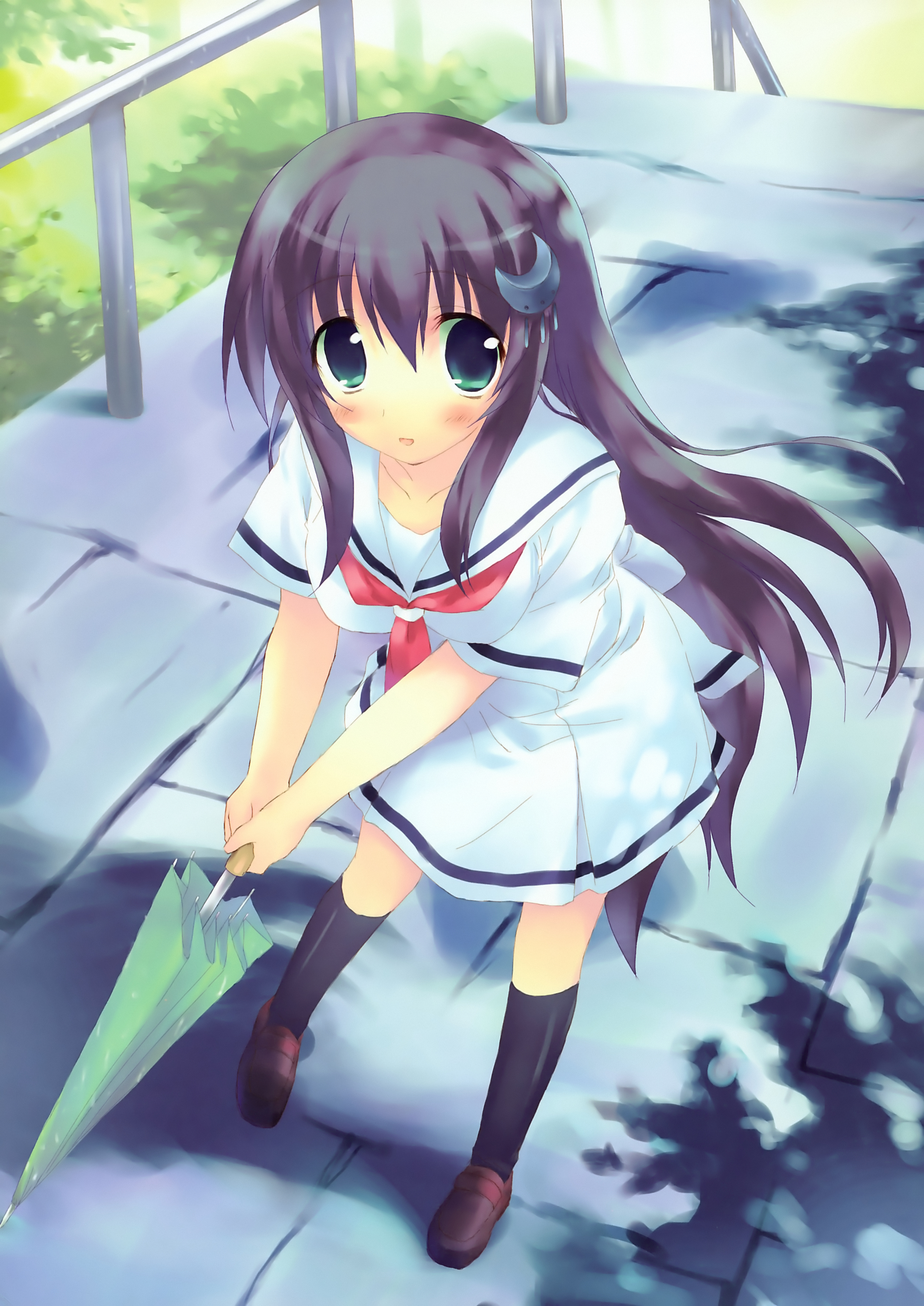 kiba satoshi, chiyokawa rin, amesarasa, absurdres, highres, black hair, blush, dress, green eyes, hair ornament, long hair, sailor dress, school uniform, solo, umbrella