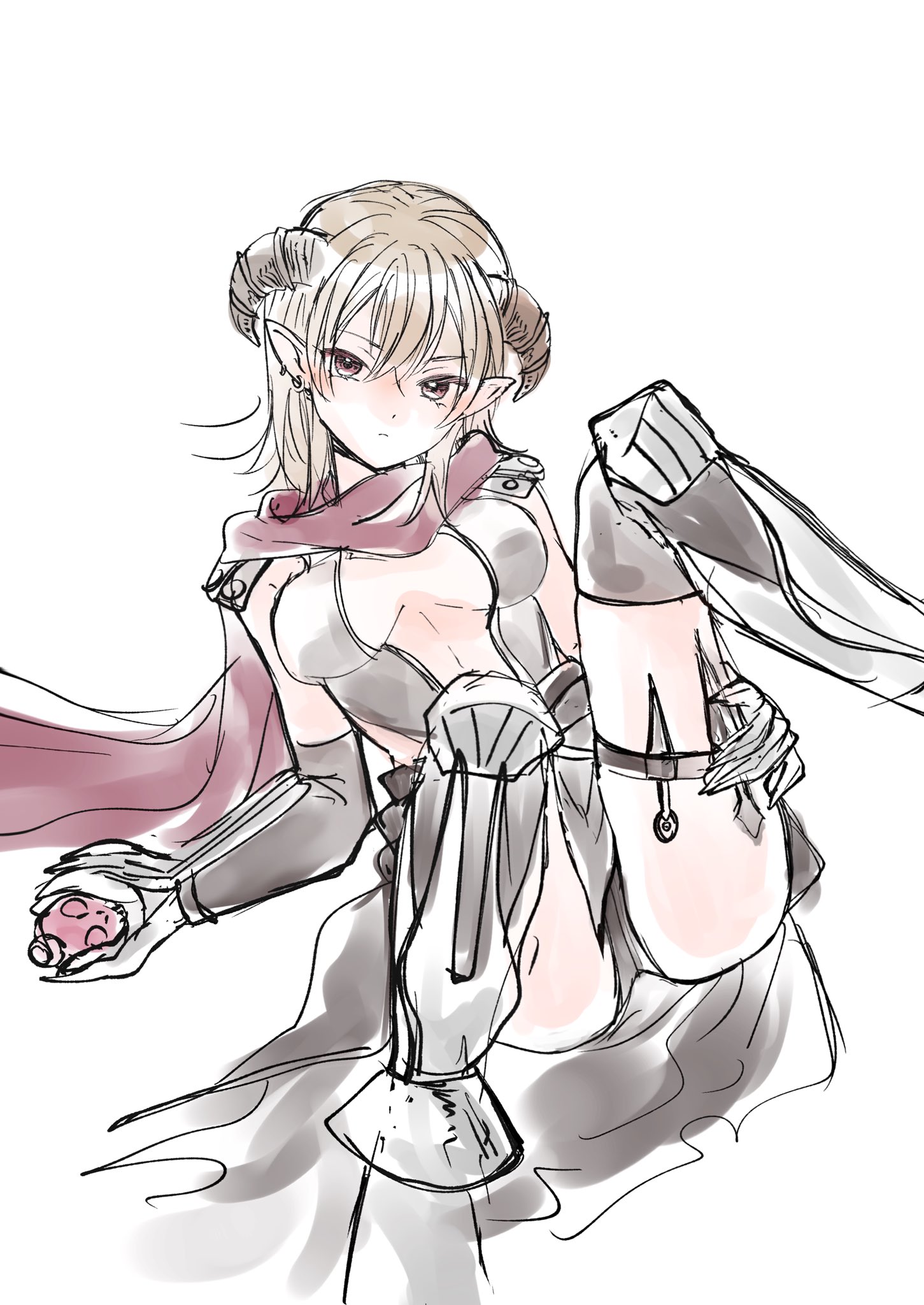 shimako (user jsaa7243), assassin cross (ragnarok online), ragnarok online, commentary request, highres, 1girl, armor, armored boots, black gloves, black leotard, black thighhighs, boots, breasts, brown eyes, brown hair, brown horns, closed mouth, elbow gloves, expressionless, full body, gloves, horns, leotard, looking at viewer, lying, medium breasts, medium hair, on back, pauldrons, pointy ears, poison, purple scarf, scarf, shoulder armor, simple background, sitting, solo, thighhighs, white background