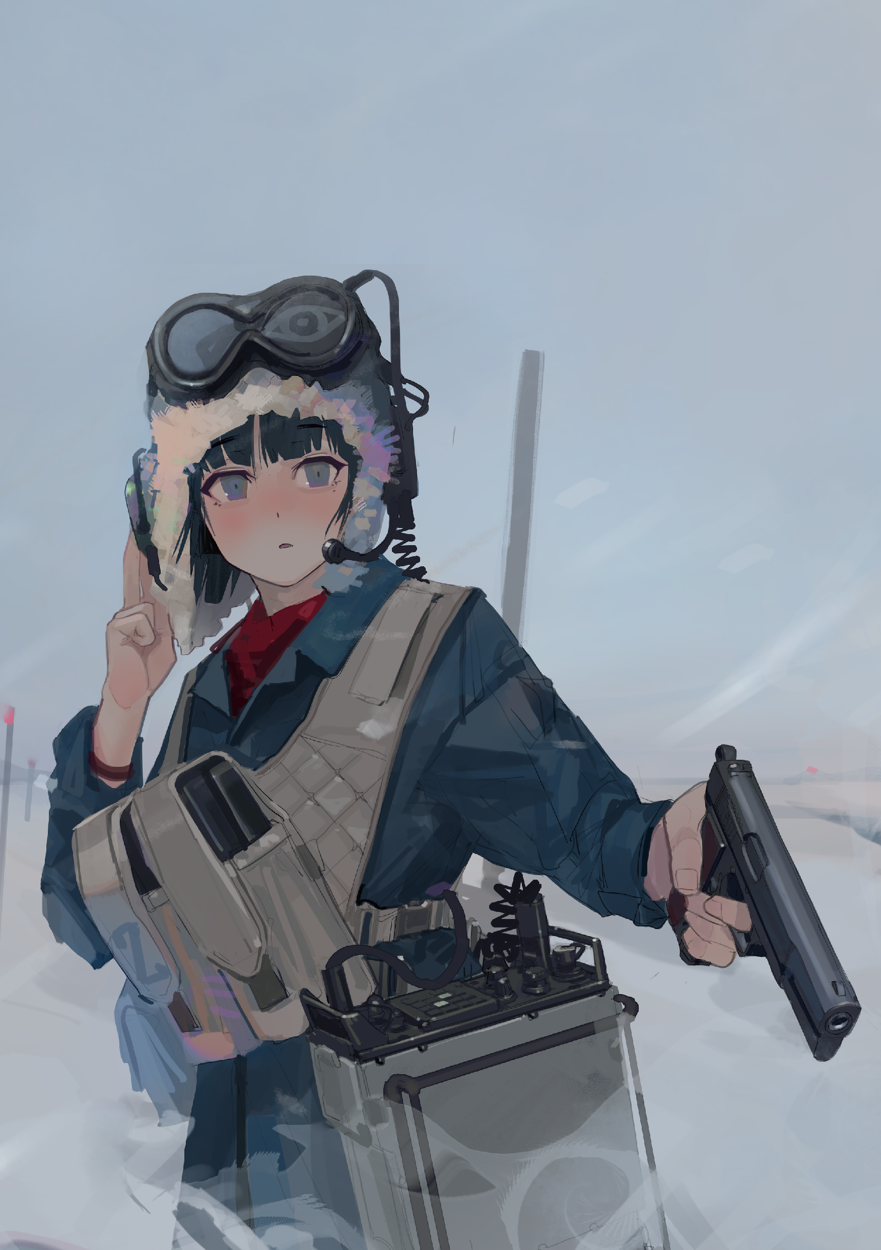 polilla, original, absurdres, highres, 1girl, blue eyes, blue hair, blunt bangs, blush, bob cut, coat, explosive, eye symbol, fur trim, goggles, grenade, gun, hand on headset, hat, headset, holding, holding gun, holding weapon, military, military coat, military uniform, mole, mole under eye, outdoors, parted lips, radio, short hair, simple background, snow, solo, talking, ushanka, vest, weapon, wind, wind lift