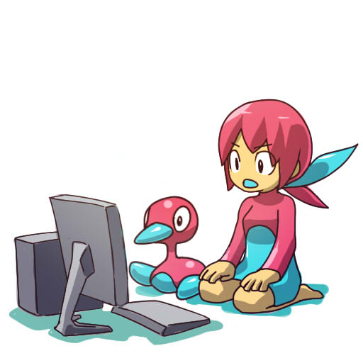 hitec, porygon2, moemon, nintendo, pokemon, pokemon gsc, 1990s (style), 1girl, barefoot, blue beak, bow, computer, computer keyboard, creature and personification, gen 2 pokemon, hair bow, kneeling, monitor, open mouth, personification, pink hair, pokemon (creature), ponytail, retro artstyle