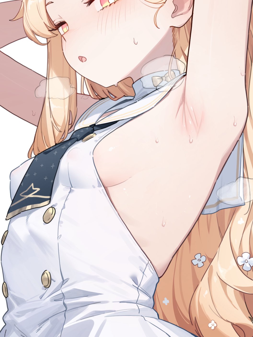 heoningu, seia (blue archive), blue archive, highres, 1girl, :o, armpits, arms up, blonde hair, blush, bow, breasts, buttons, dress, flower, gradient eyes, hair flower, hair ornament, long hair, multicolored eyes, necktie, pink eyes, sideboob, sleeveless, sleeveless dress, small breasts, solo, steam, sweat, yellow eyes