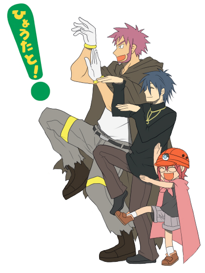 mizuno (gcdmw), byron (pokemon), riley (pokemon), roark (pokemon), nintendo, pokemon, yotsubato!, 3boys, blue hair, cape, closed eyes, formal clothes, gym leader, hat, male focus, multiple boys, parody, purple hair, smile