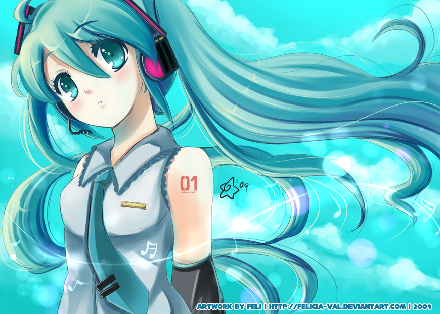 felicia-val, hatsune miku, vocaloid, bad id, bad pixiv id, 1girl, aqua eyes, aqua hair, detached sleeves, female focus, headset, long hair, necktie, outdoors, sky, solo, tattoo, twintails