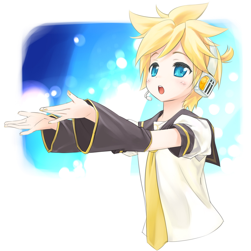 mizuki kotora, kagamine len, vocaloid, bad id, bad pixiv id, 1boy, blonde hair, blue eyes, headphones, headset, male focus, music, nail polish, necktie, open mouth, outstretched arms, school uniform, serafuku, singing, solo, upper body, yellow necktie