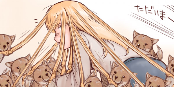 tsuda nanafushi, shinku, rozen maiden, third-party edit, 00s, aged up, blonde hair, casual, dog, grabbing another's hair, holding another's hair, long hair, multiple dogs, solo, too many, too many dogs