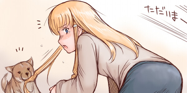 tsuda nanafushi, shinku, rozen maiden, 00s, aged up, blonde hair, blue eyes, blush, casual, dog, grabbing another's hair, holding another's hair, long hair, solo, tears