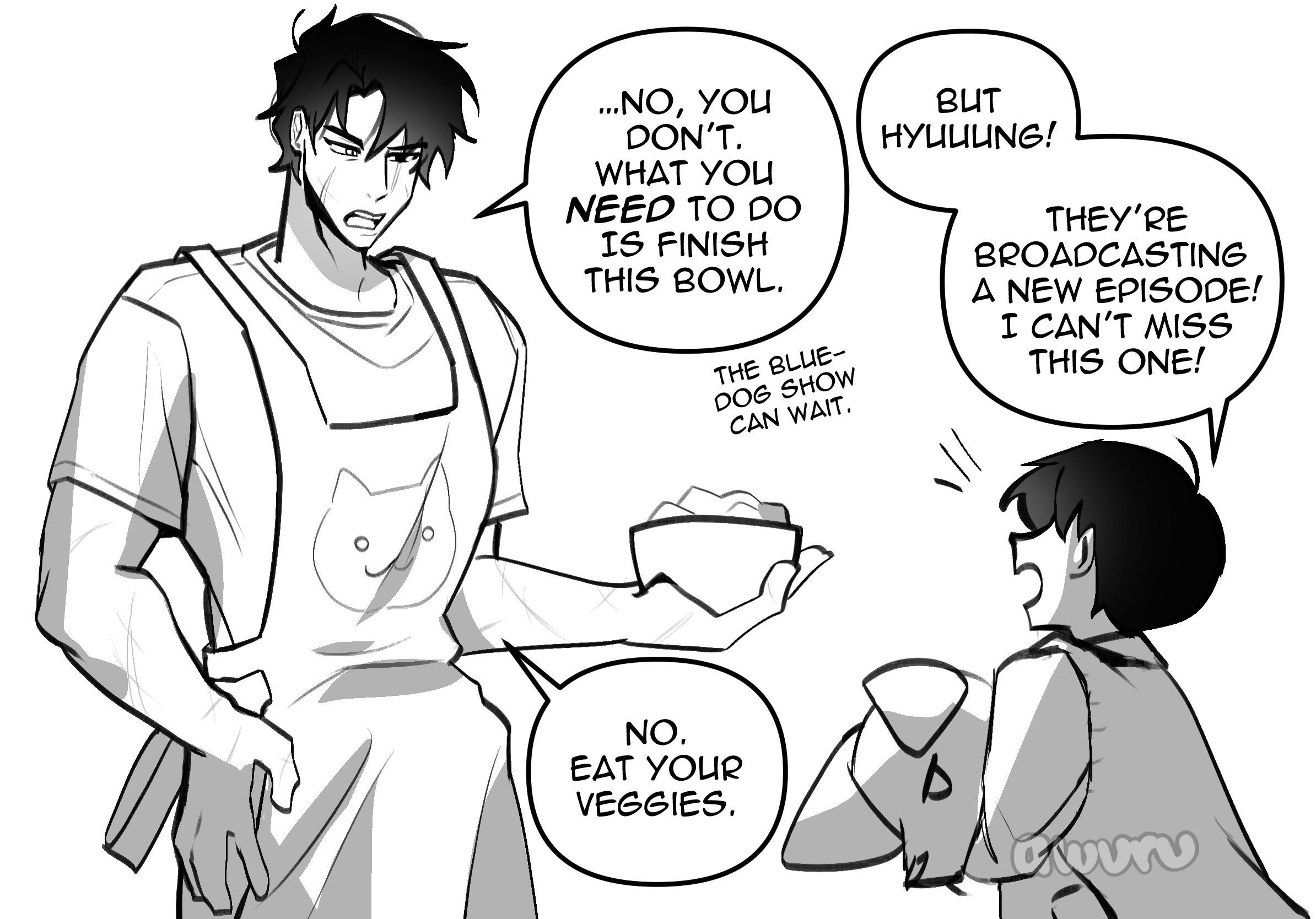 kim dokja, oldest dream, yoo joonghyuk, yoo joonghyuk (999th turn), bluey, omniscient reader's viewpoint, highres, 2boys, apron, areuwuu, bowl, english text, greyscale, holding, holding bowl, hugging object, looking at another, male focus, monochrome, multiple boys, scar, scar on face, shirt, short hair, speech bubble, toned, toned male, upper body