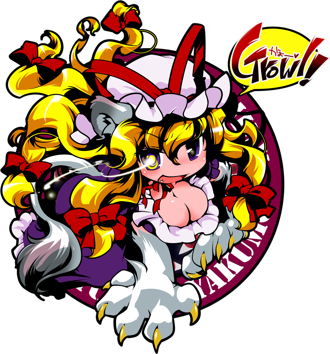 ikuta takanon, yakumo yukari, touhou, 1girl, animal ears, animal hands, blonde hair, breasts, cat ears, cat girl, cat tail, cleavage, female focus, gap (touhou), hat, kemonomimi mode, large breasts, long hair, purple eyes, solo, tail